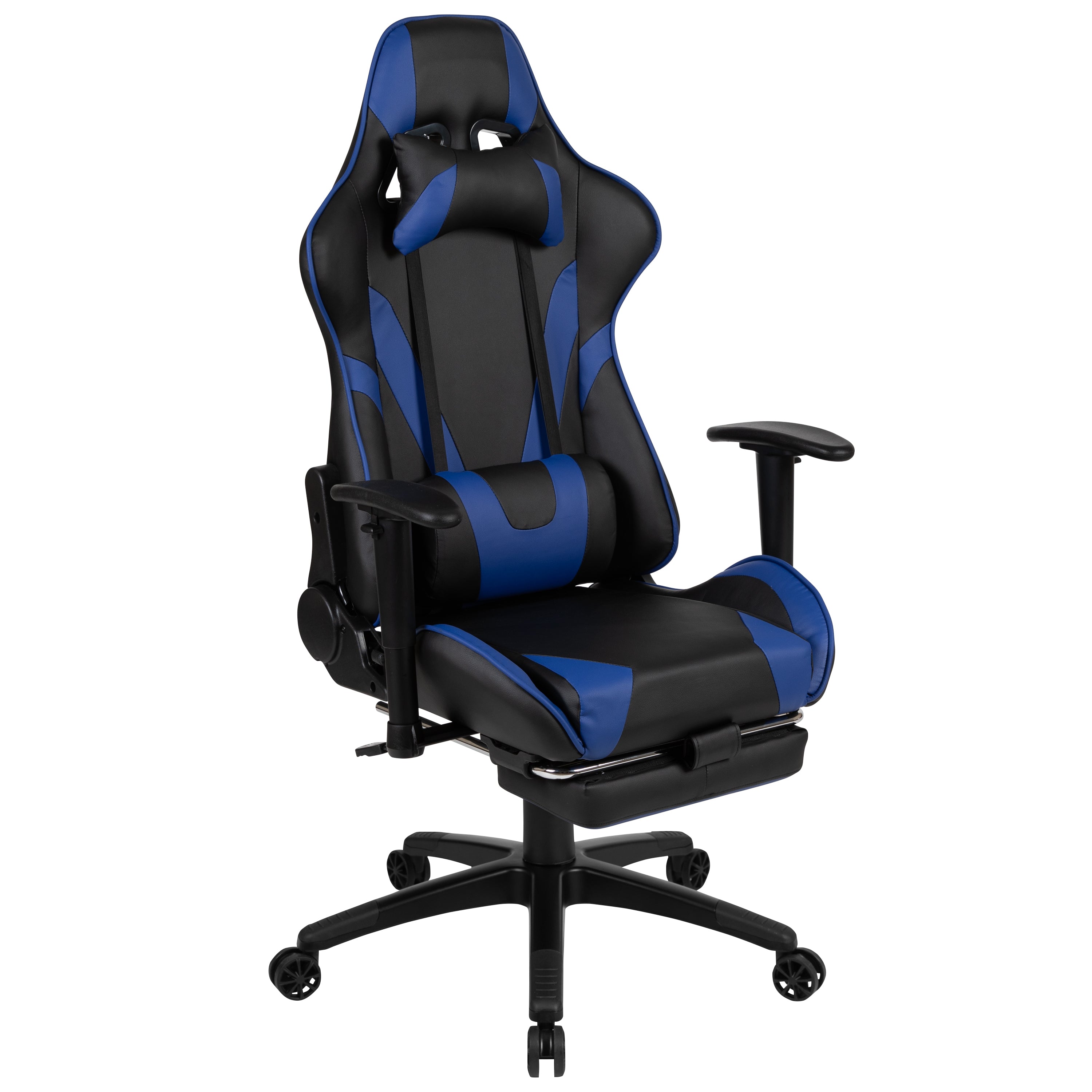 Optis Gaming Desk and Blue Footrest Reclining Gaming Chair Set - Cup Holder/Headphone Hook/Removable Mouse Pad Top/Wire Management