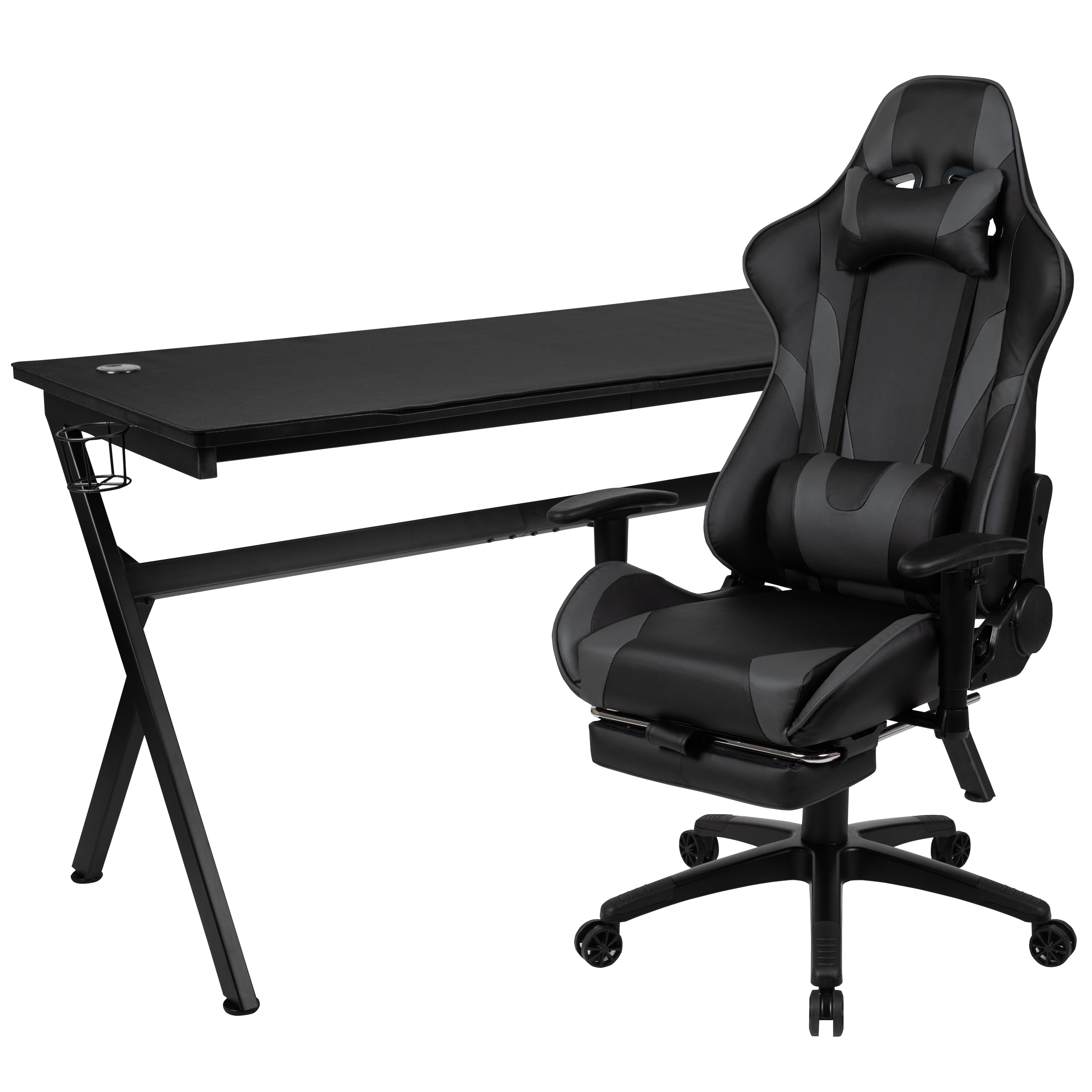 Optis Gaming Desk and Gray Footrest Reclining Gaming Chair Set - Cup Holder/Headphone Hook/Removable Mouse Pad Top/Wire Management