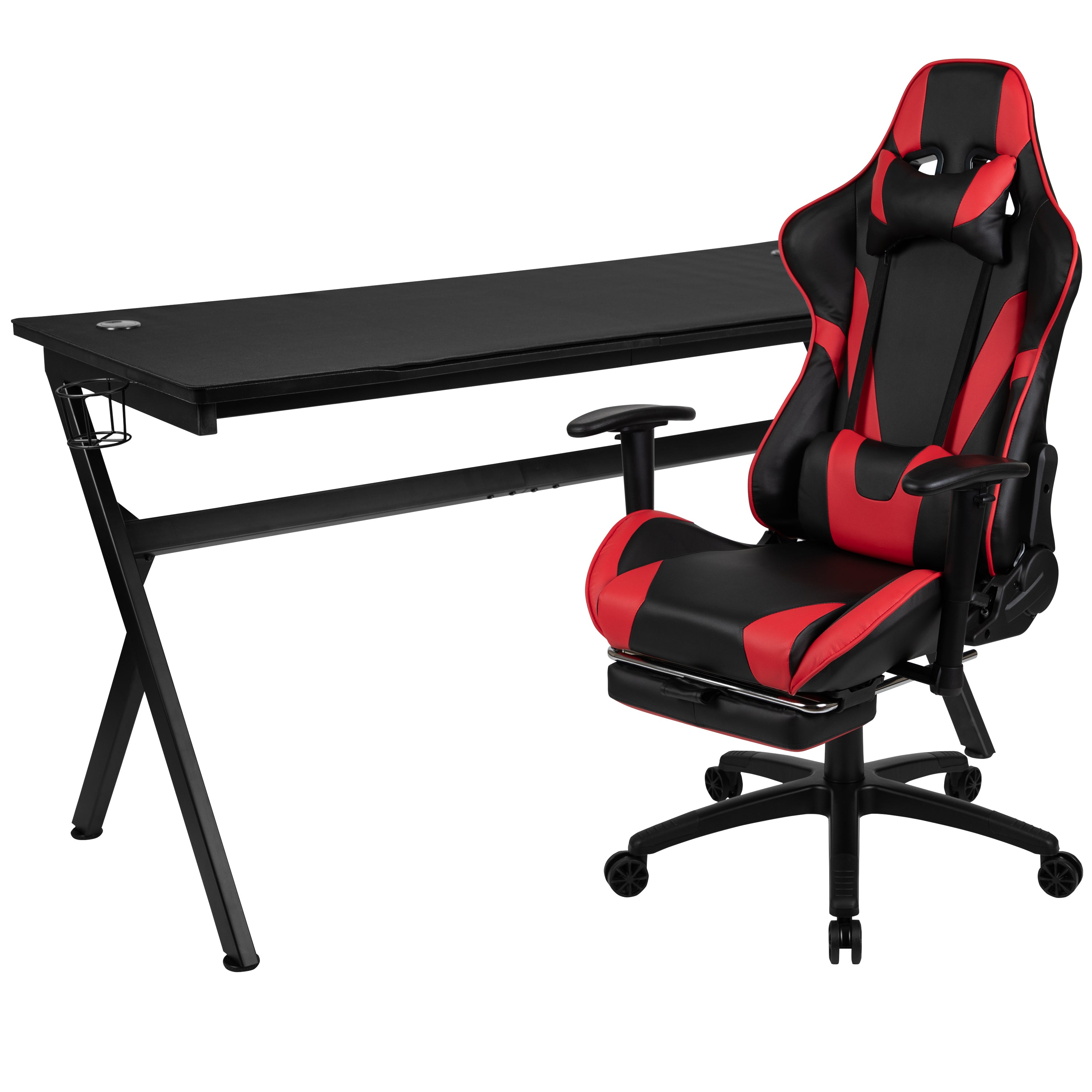 Optis Gaming Desk and Red Footrest Reclining Gaming Chair Set - Cup Holder/Headphone Hook/Removable Mouse Pad Top/Wire Management