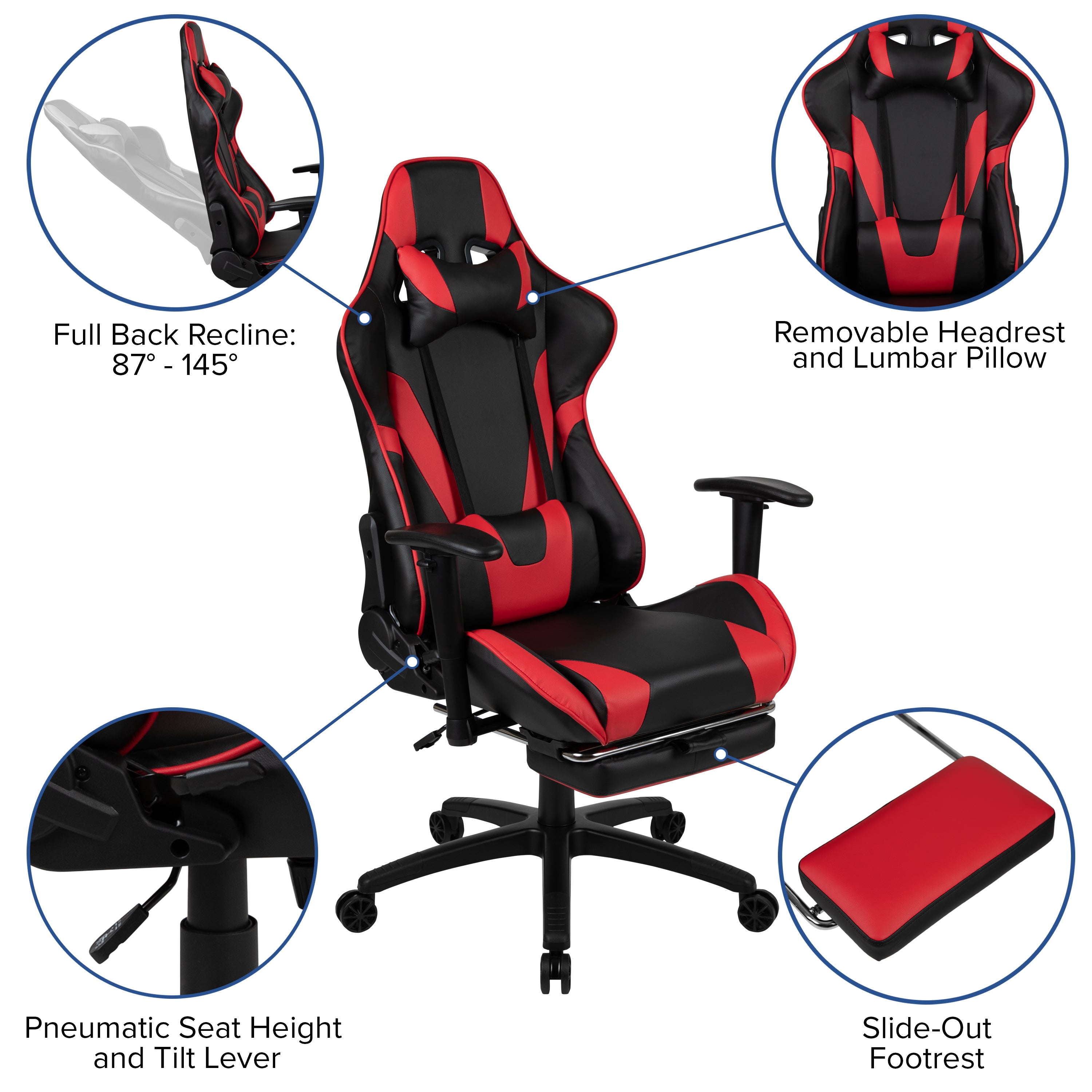 Optis Gaming Desk and Red Footrest Reclining Gaming Chair Set - Cup Holder/Headphone Hook/Removable Mouse Pad Top/Wire Management