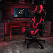 Optis Red Gaming Desk and Red/Black Footrest Reclining Gaming Chair Set with Cup Holder and Headphone Hook