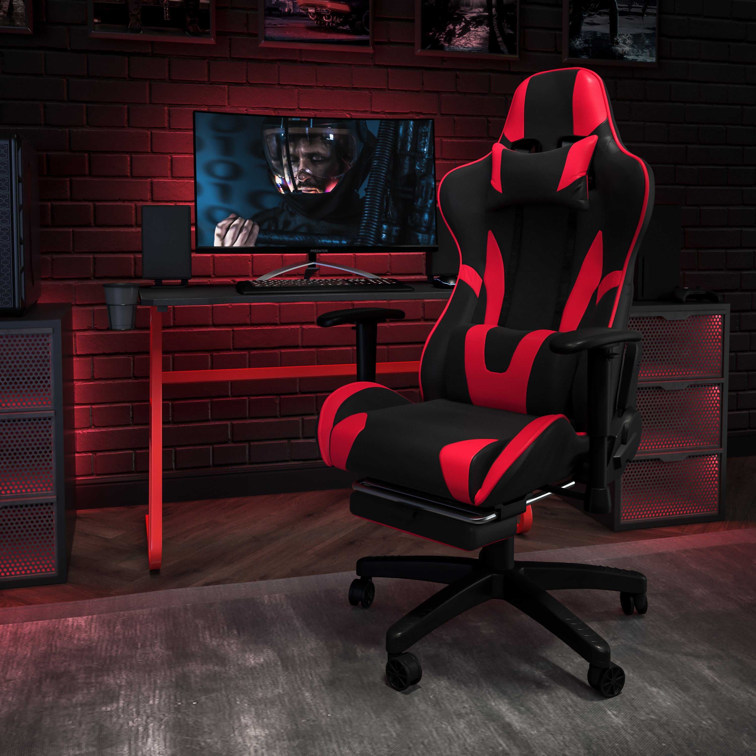 Optis Red Gaming Desk and Red/Black Footrest Reclining Gaming Chair Set with Cup Holder and Headphone Hook