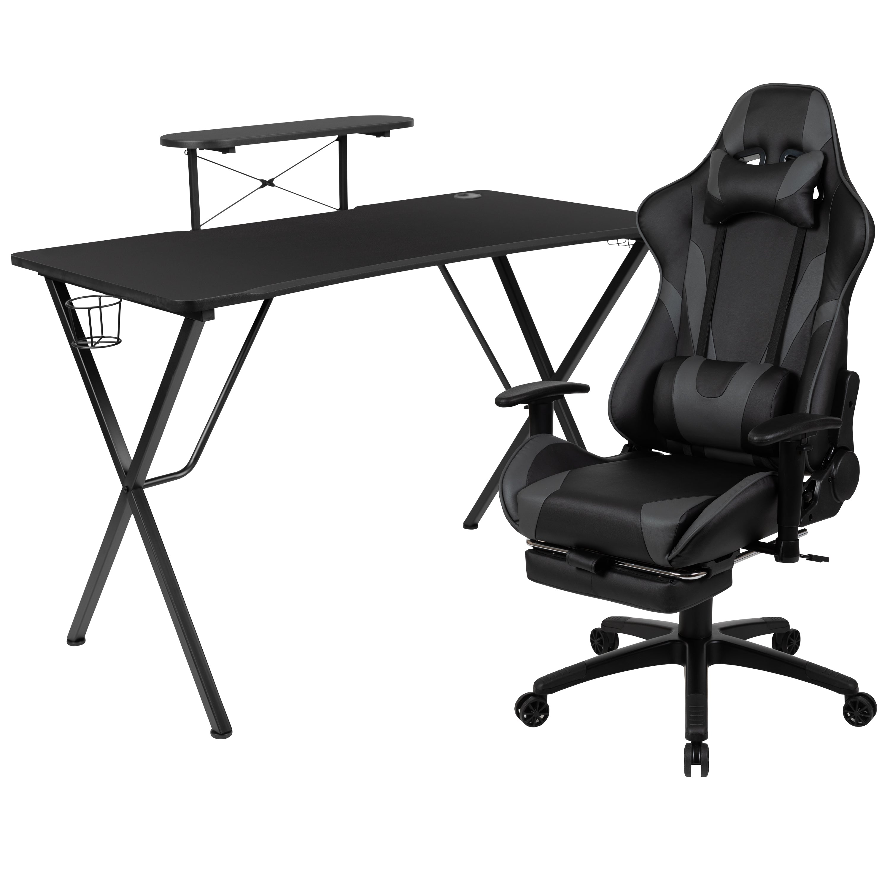 Optis Black Gaming Desk with Cup Holder/Headphone Hook and Monitor/Smartphone Stand & Gray Reclining Gaming Chair with Footrest