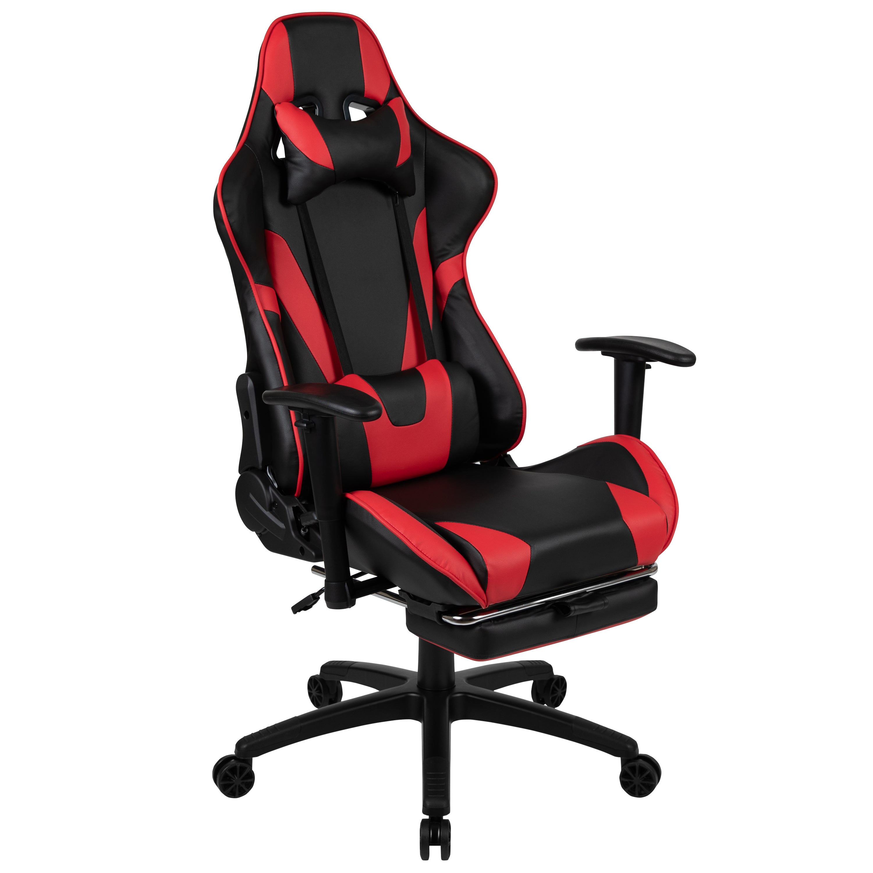 Black Gaming Desk and Red/Black Footrest Reclining Gaming Chair Set with Cup Holder, Headphone Hook, & Monitor/Smartphone Stand