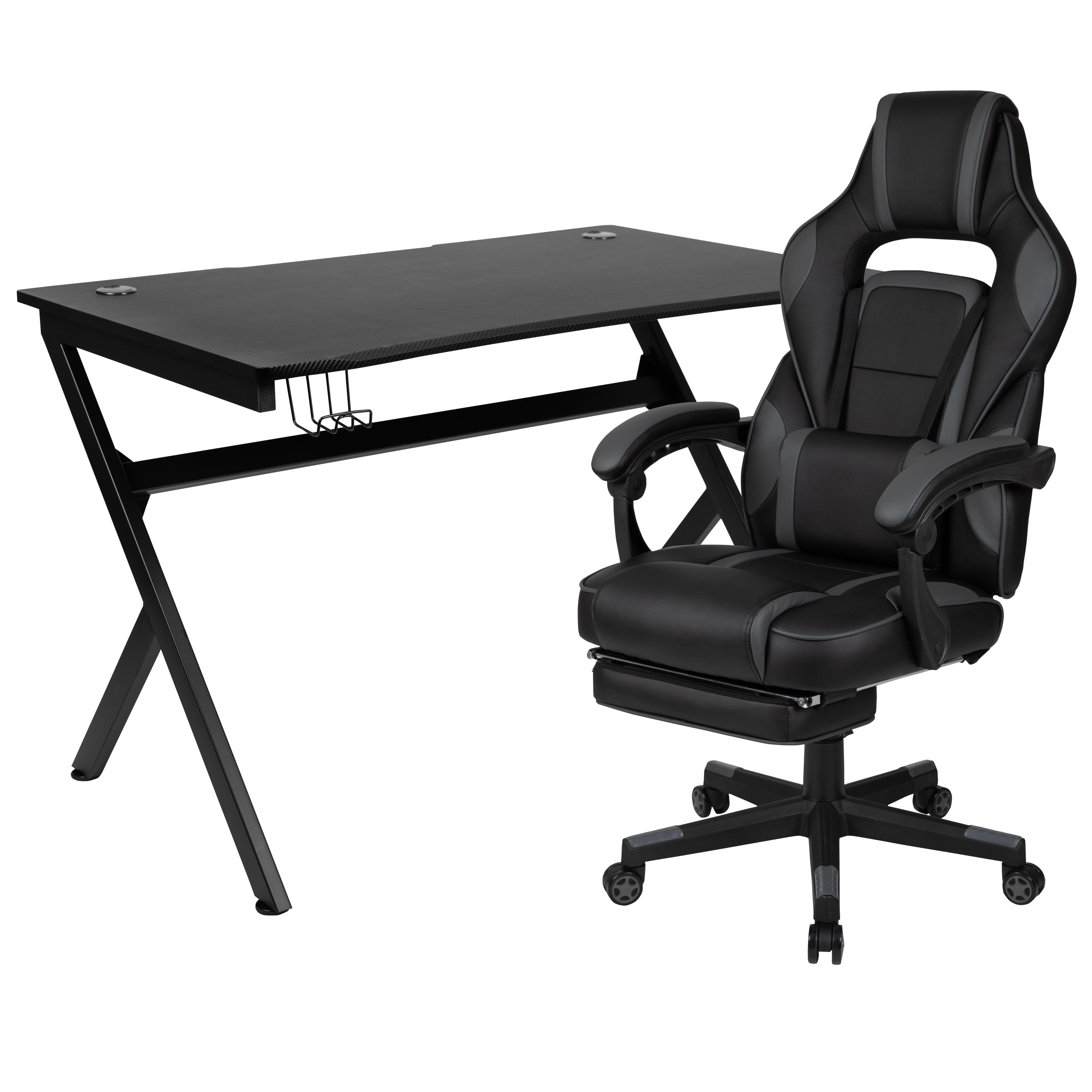Optis Black Gaming Desk with Cup Holder/Headphone Hook/2 Wire Management Holes & Black Reclining Back/Arms Gaming Chair with Footrest