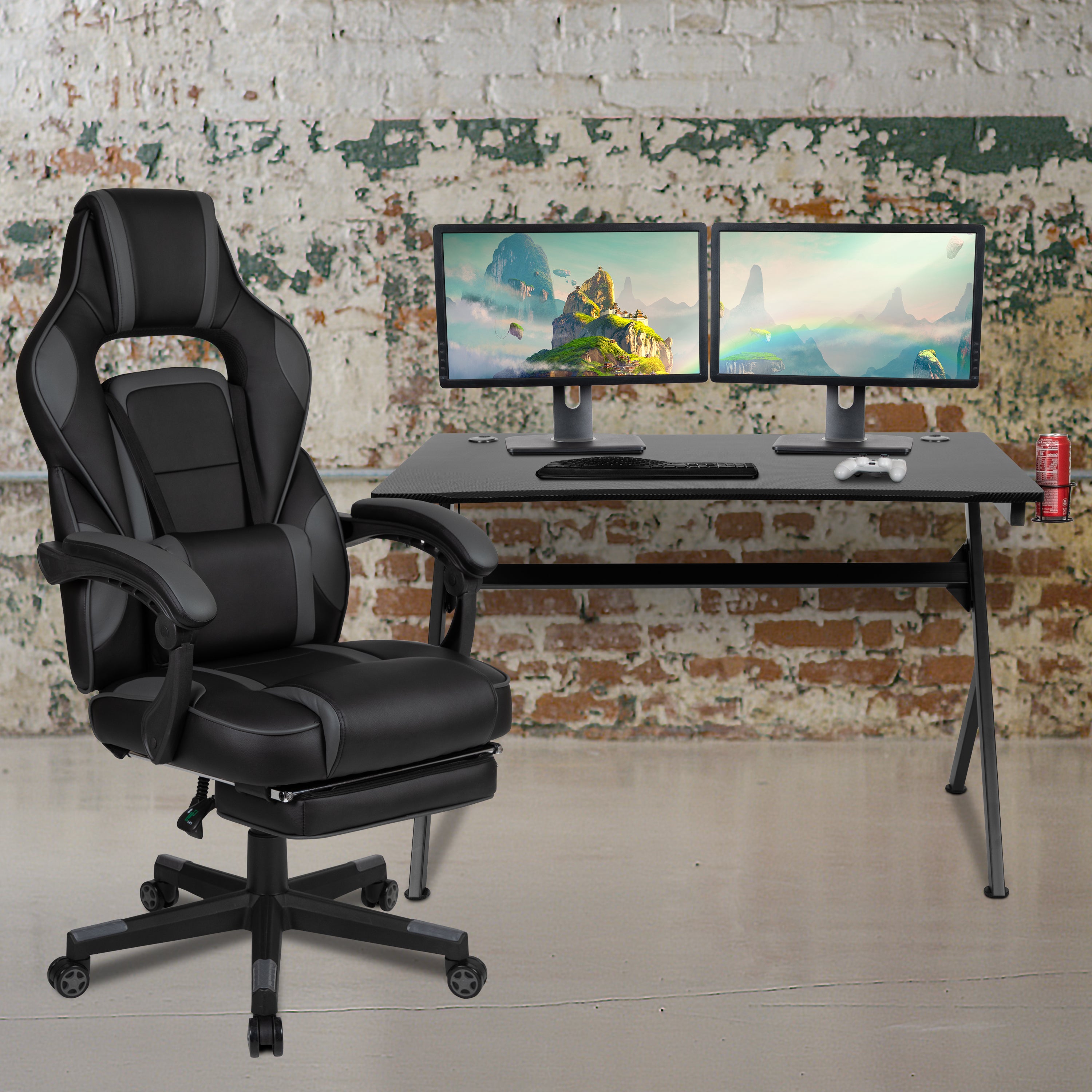 Optis Black Gaming Desk with Cup Holder/Headphone Hook/2 Wire Management Holes & Black Reclining Back/Arms Gaming Chair with Footrest