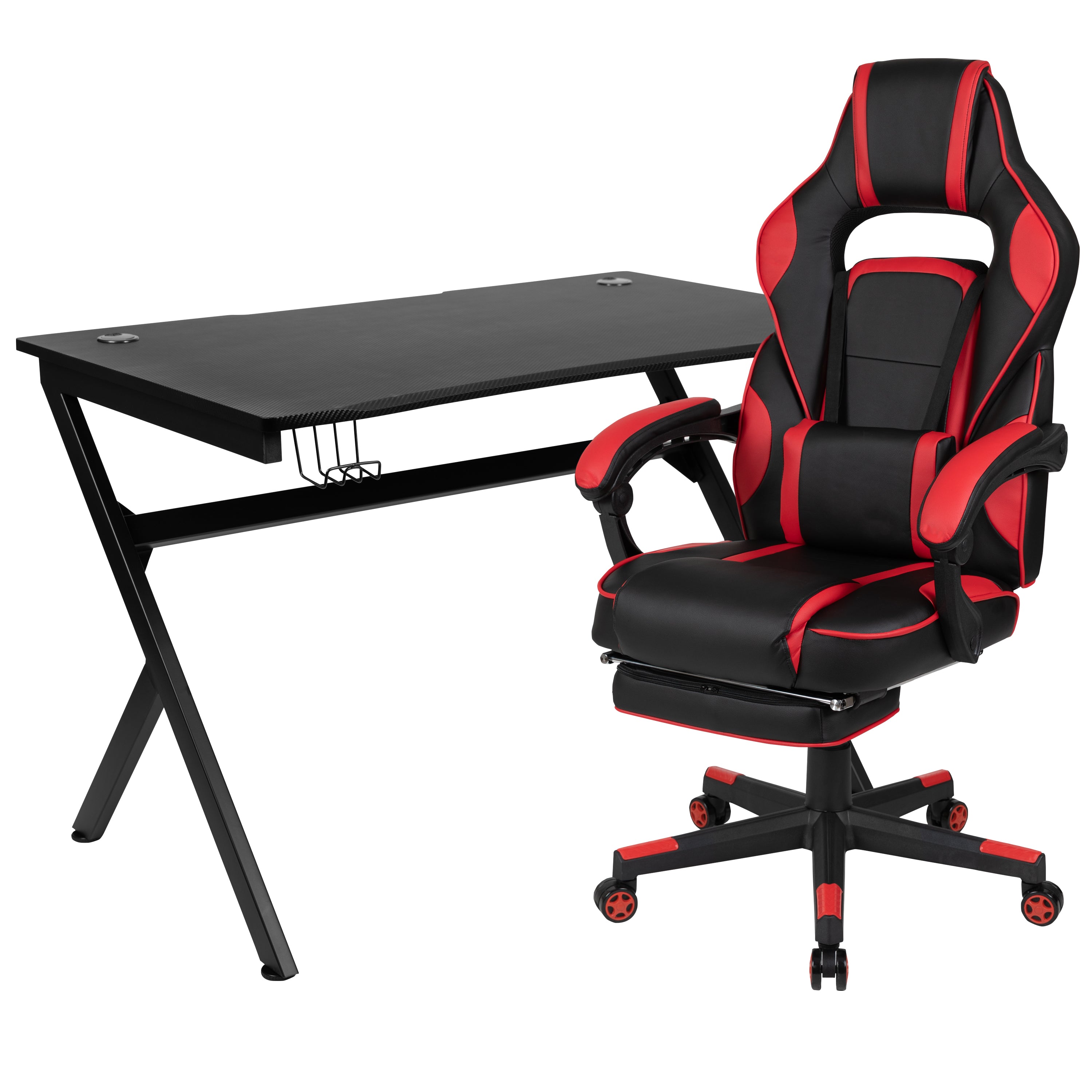 Optis Black Gaming Desk with Cup Holder/Headphone Hook/2 Wire Management Holes & Red Reclining Back/Arms Gaming Chair with Footrest