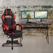Optis Black Gaming Desk with Cup Holder/Headphone Hook/2 Wire Management Holes & Red Reclining Back/Arms Gaming Chair with Footrest