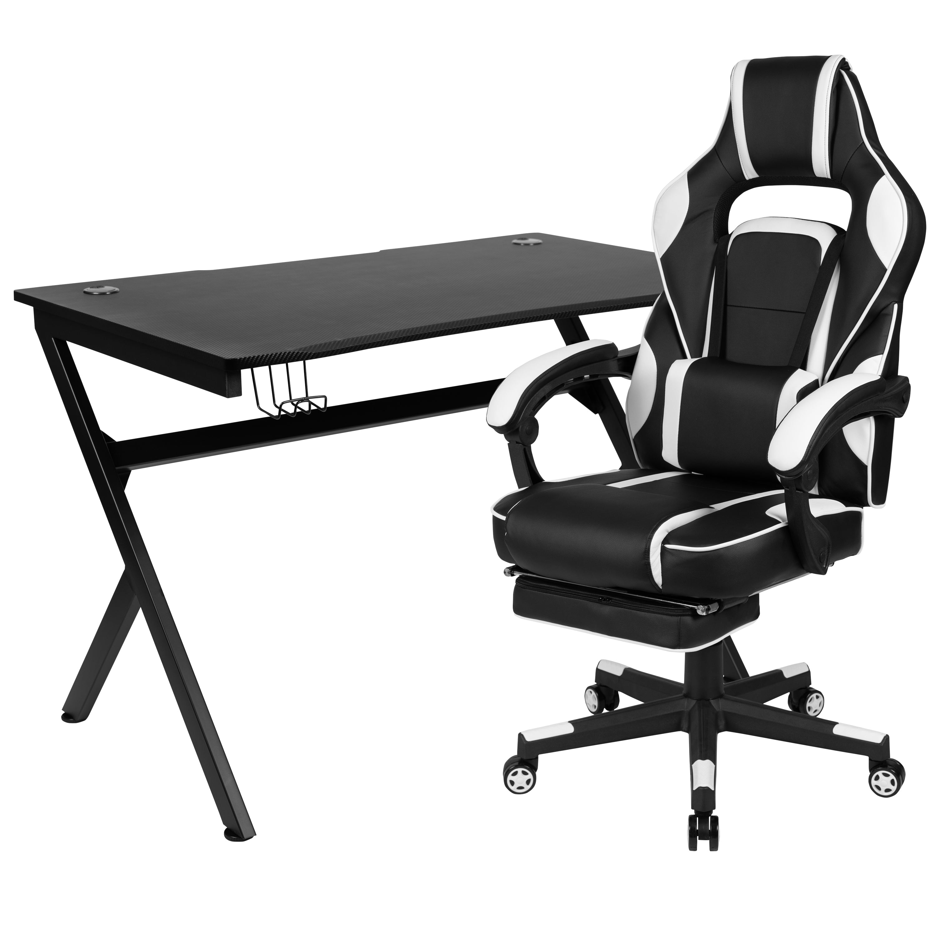 Optis Black Gaming Desk with Cup Holder/Headphone Hook/2 Wire Management Holes & White Reclining Back/Arms Gaming Chair with Footrest