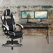 Optis Black Gaming Desk with Cup Holder/Headphone Hook/2 Wire Management Holes & White Reclining Back/Arms Gaming Chair with Footrest
