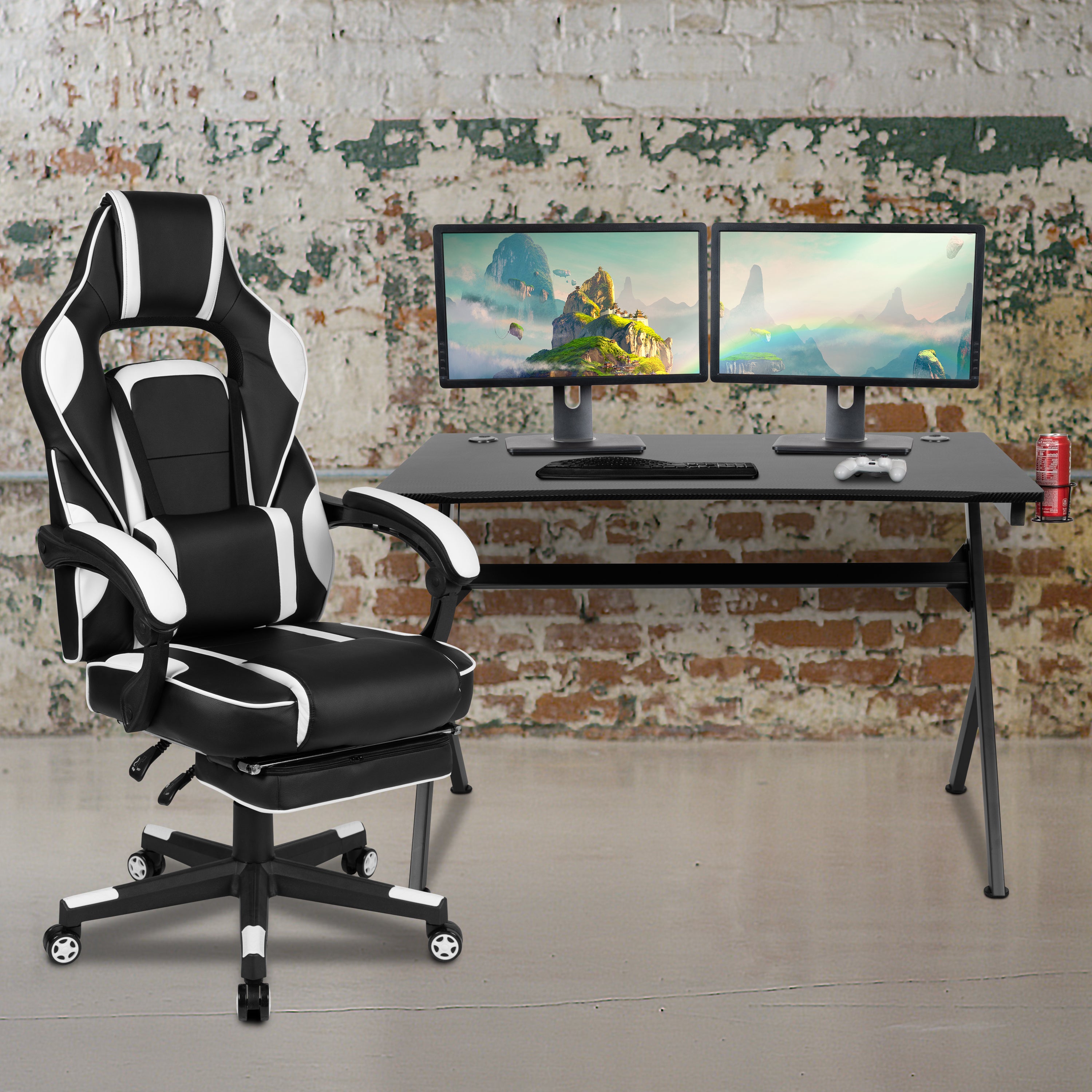 Optis Black Gaming Desk with Cup Holder/Headphone Hook/2 Wire Management Holes & White Reclining Back/Arms Gaming Chair with Footrest