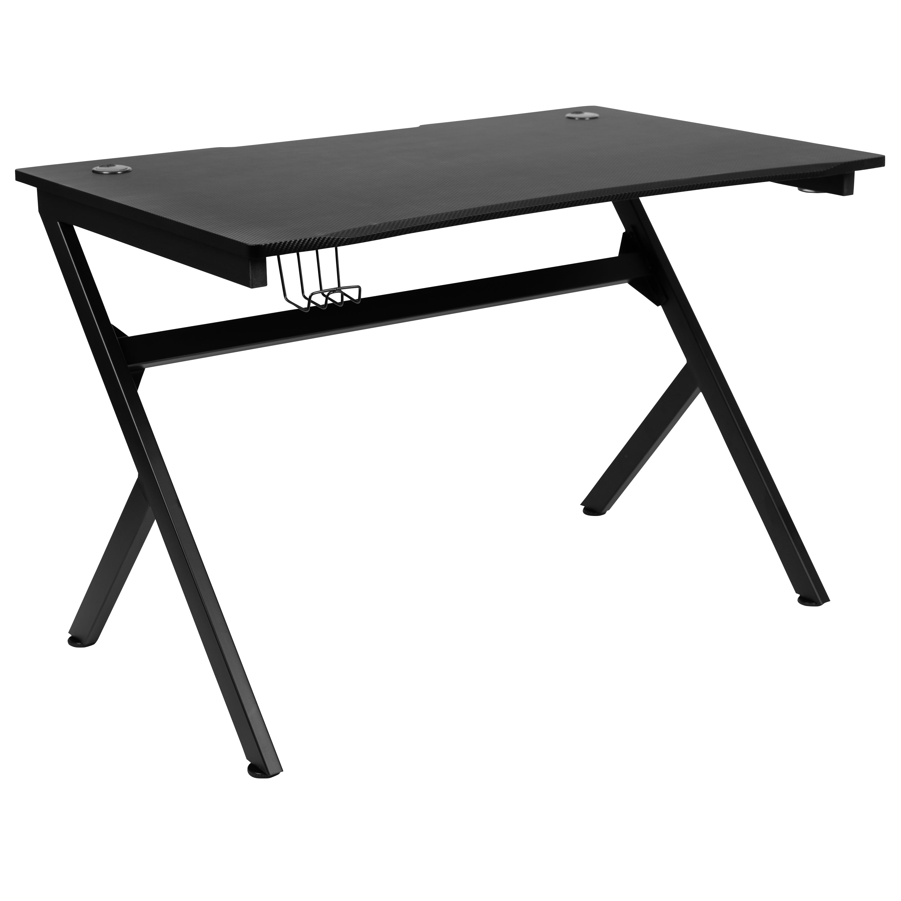 Optis Black Gaming Desk with Cup Holder/Headphone Hook/2 Wire Management Holes & White Reclining Back/Arms Gaming Chair with Footrest