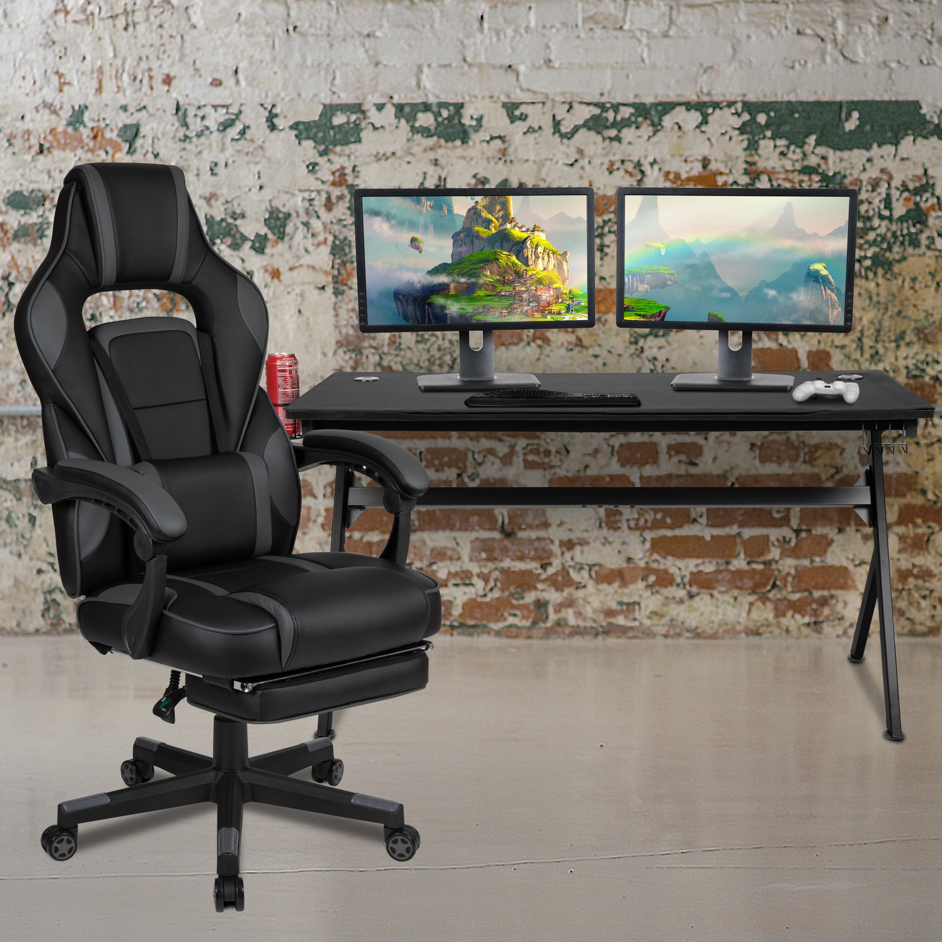 Optis Gaming Desk with Cup Holder/Headphone Hook/Removable Mousepad Top & Black Reclining Back/Arms Gaming Chair with Footrest