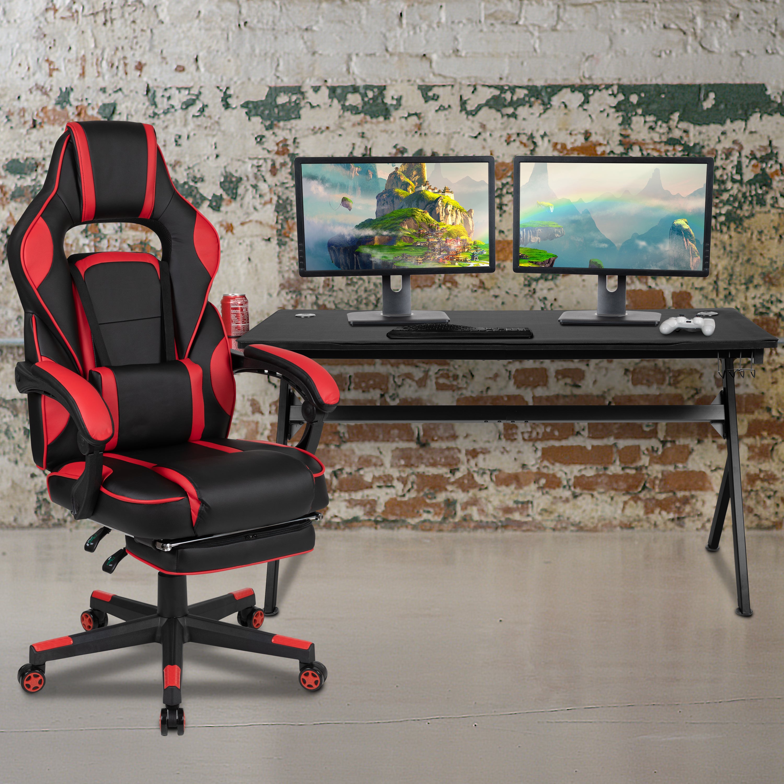 Optis Gaming Desk with Cup Holder/Headphone Hook/Removable Mousepad Top & Red Reclining Back/Arms Gaming Chair with Footrest