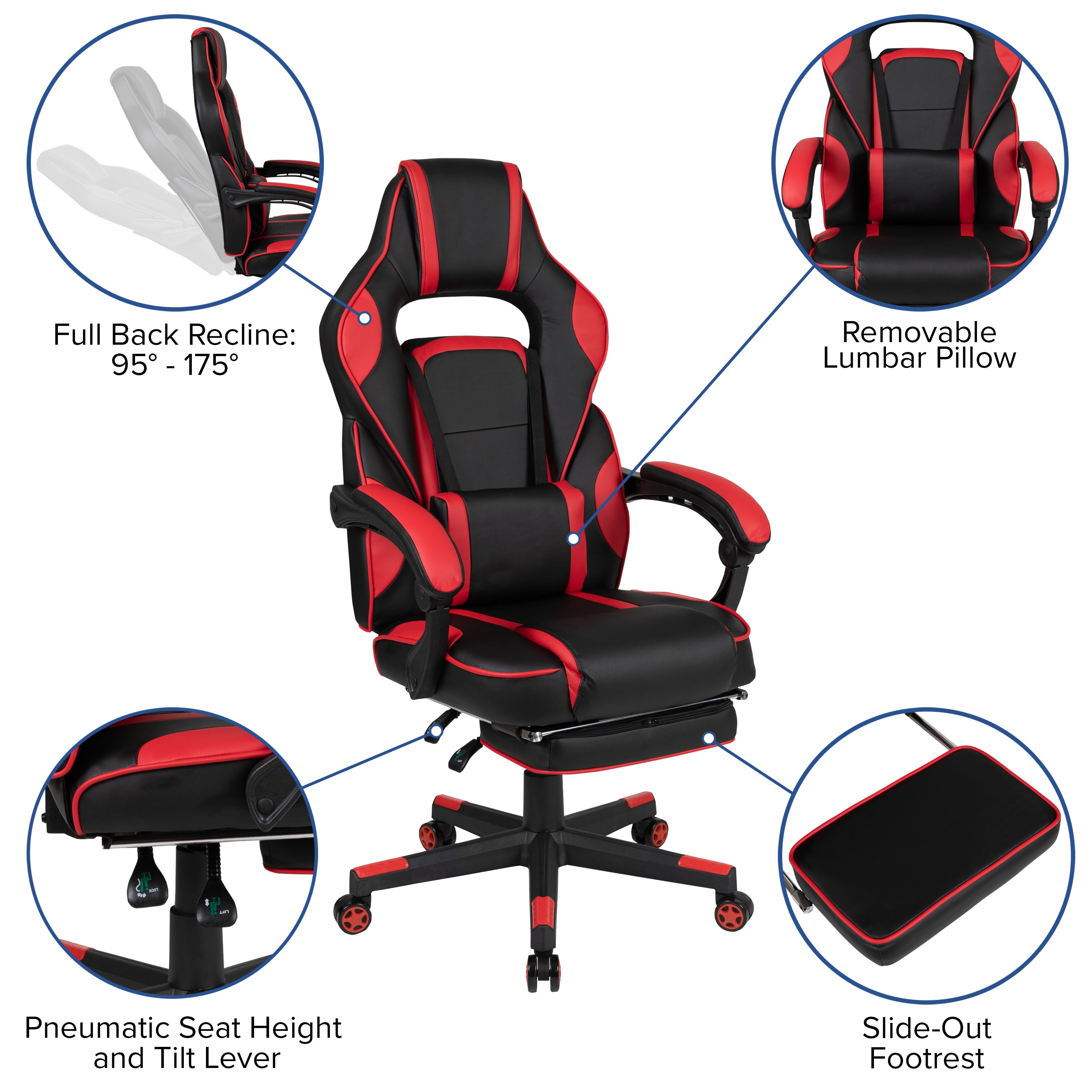Optis Gaming Desk with Cup Holder/Headphone Hook/Removable Mousepad Top & Red Reclining Back/Arms Gaming Chair with Footrest
