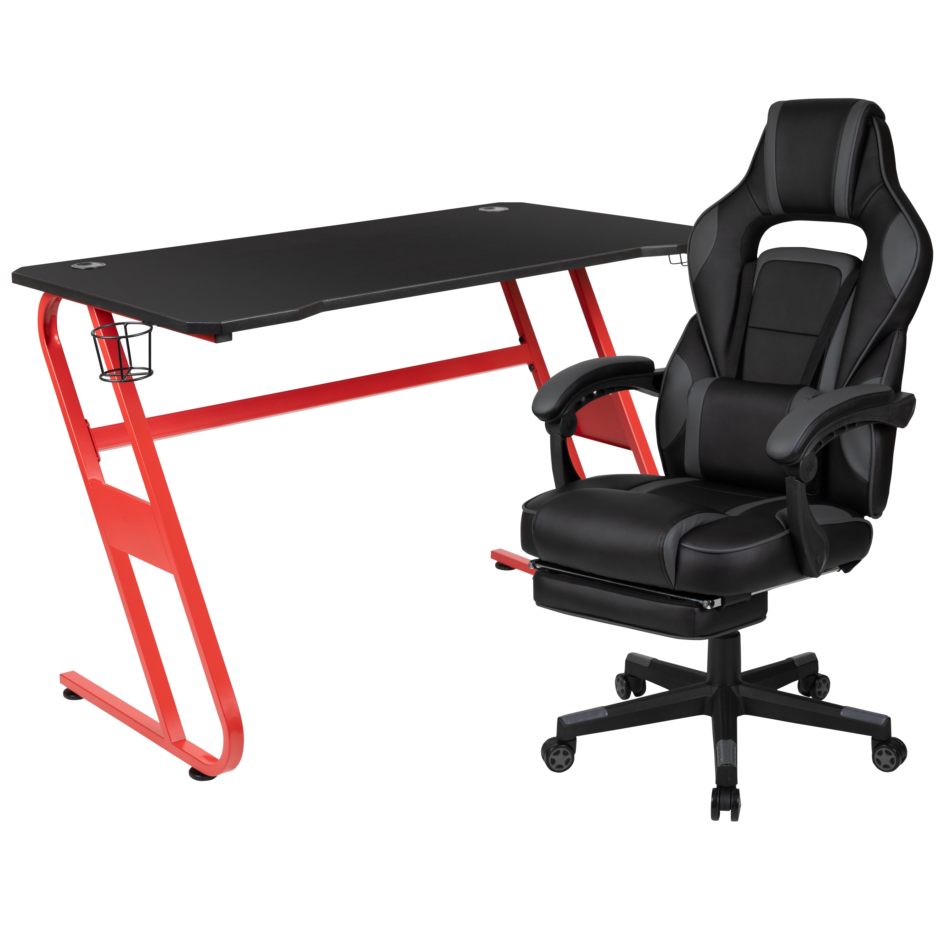 Optis Red Gaming Desk with Cup Holder/Headphone Hook & Black Reclining Back/Arms Gaming Chair with Footrest