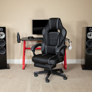 Optis Red Gaming Desk with Cup Holder/Headphone Hook & Black Reclining Back/Arms Gaming Chair with Footrest