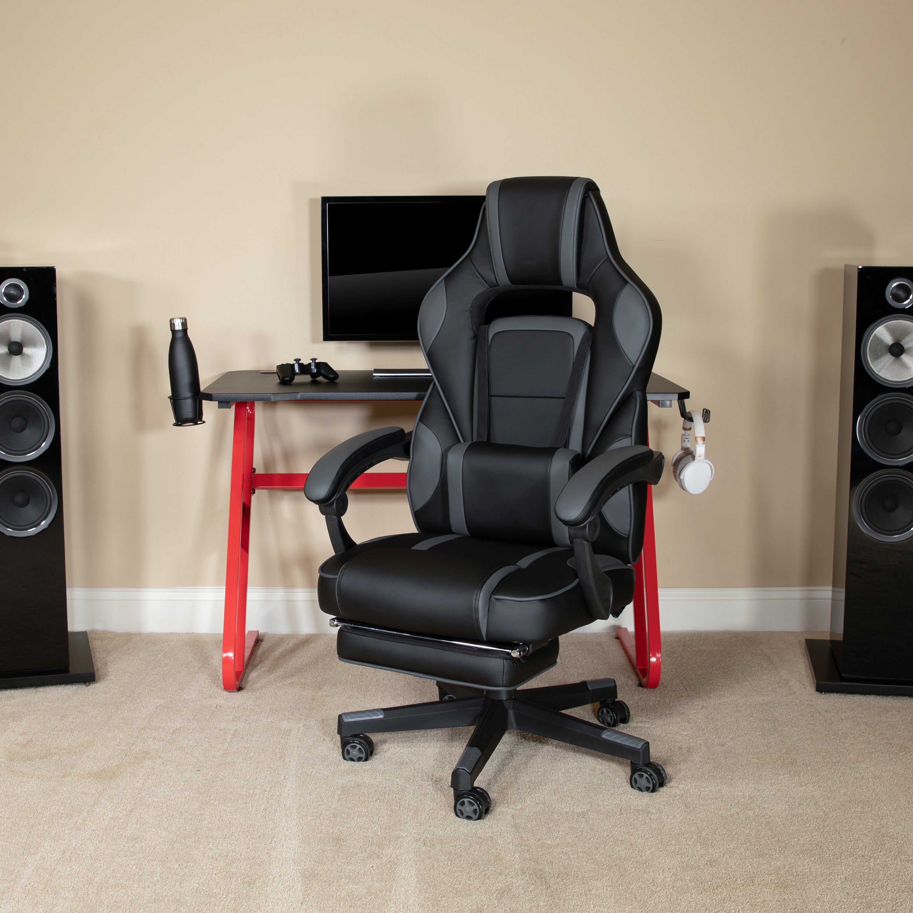 Optis Red Gaming Desk with Cup Holder/Headphone Hook & Black Reclining Back/Arms Gaming Chair with Footrest