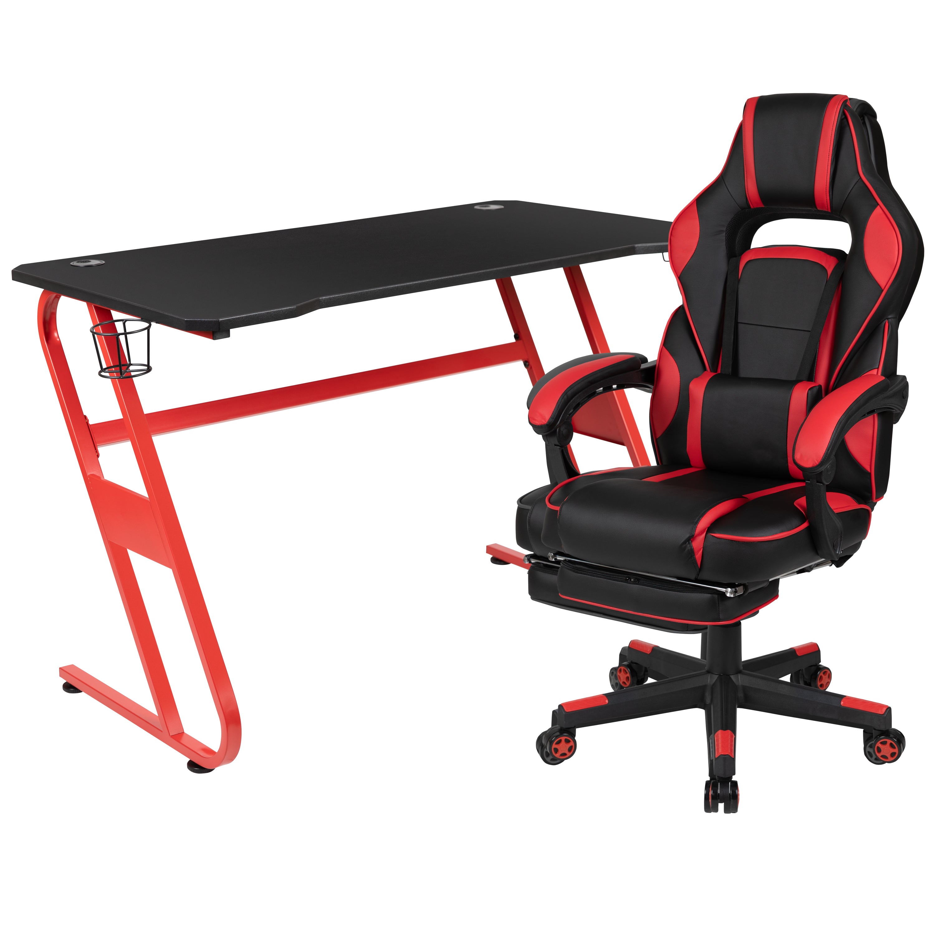 Optis Red Gaming Desk with Cup Holder/Headphone Hook & Red Reclining Back/Arms Gaming Chair with Footrest