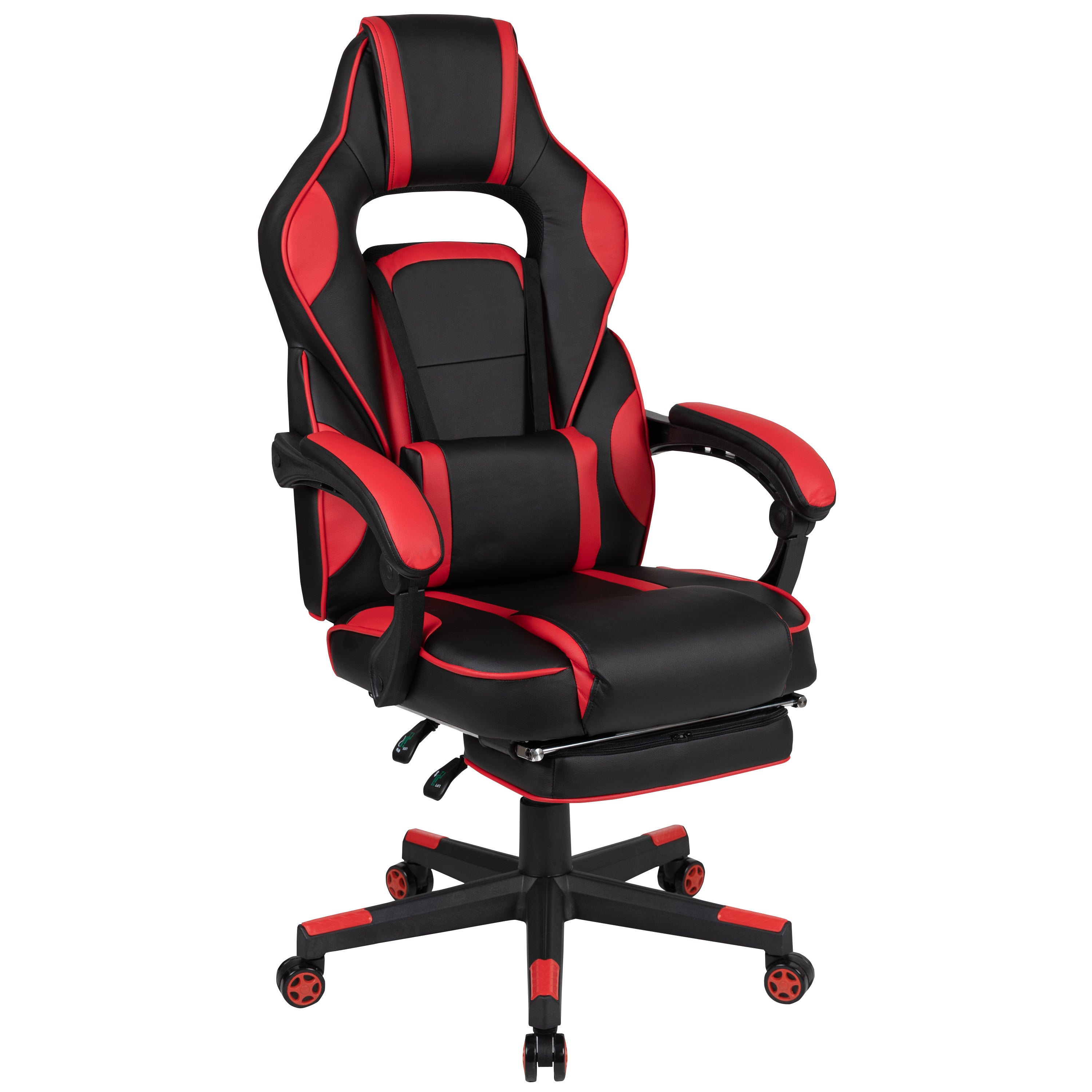 Optis Red Gaming Desk with Cup Holder/Headphone Hook & Red Reclining Back/Arms Gaming Chair with Footrest