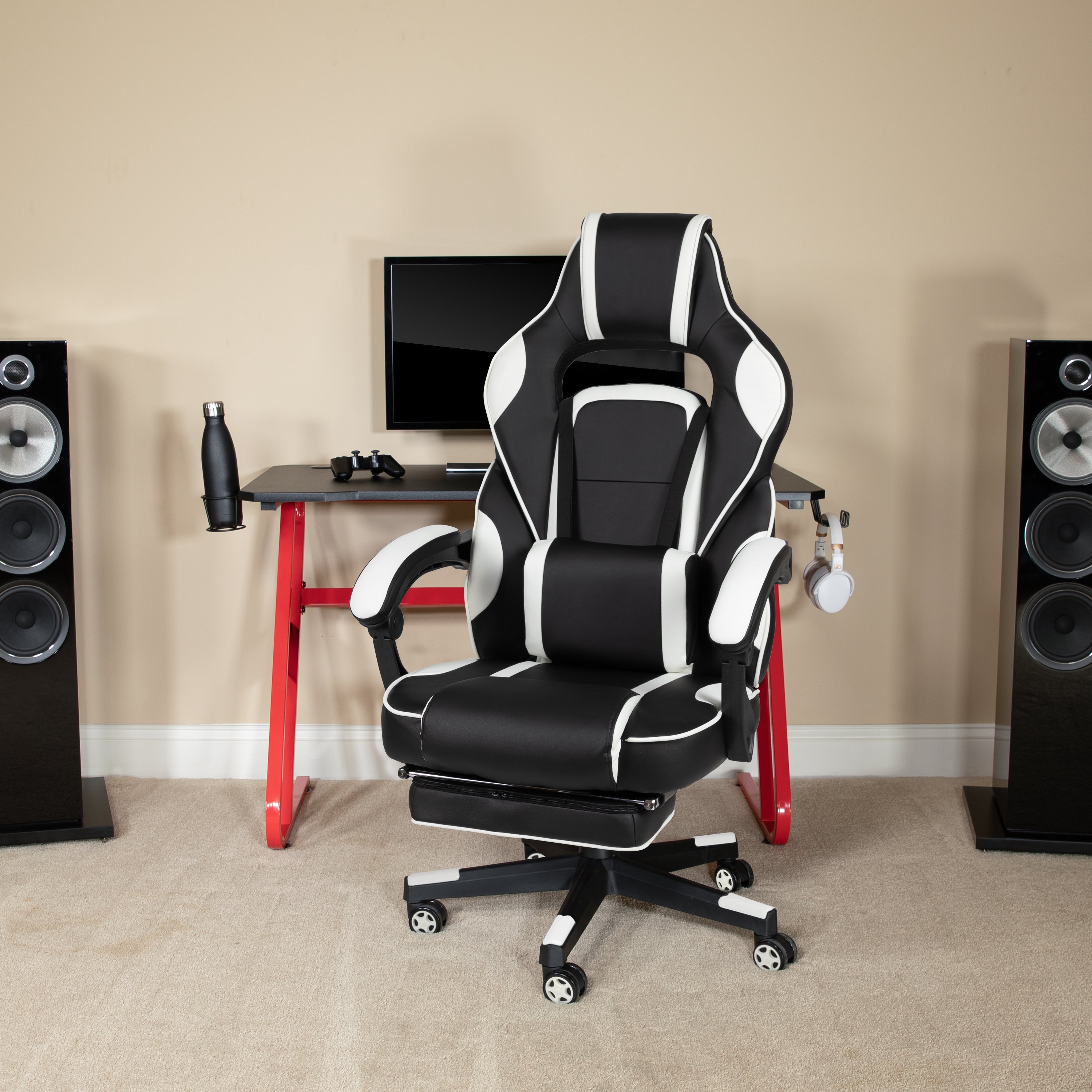 Optis Red Gaming Desk with Cup Holder/Headphone Hook & White Reclining Back/Arms Gaming Chair with Footrest