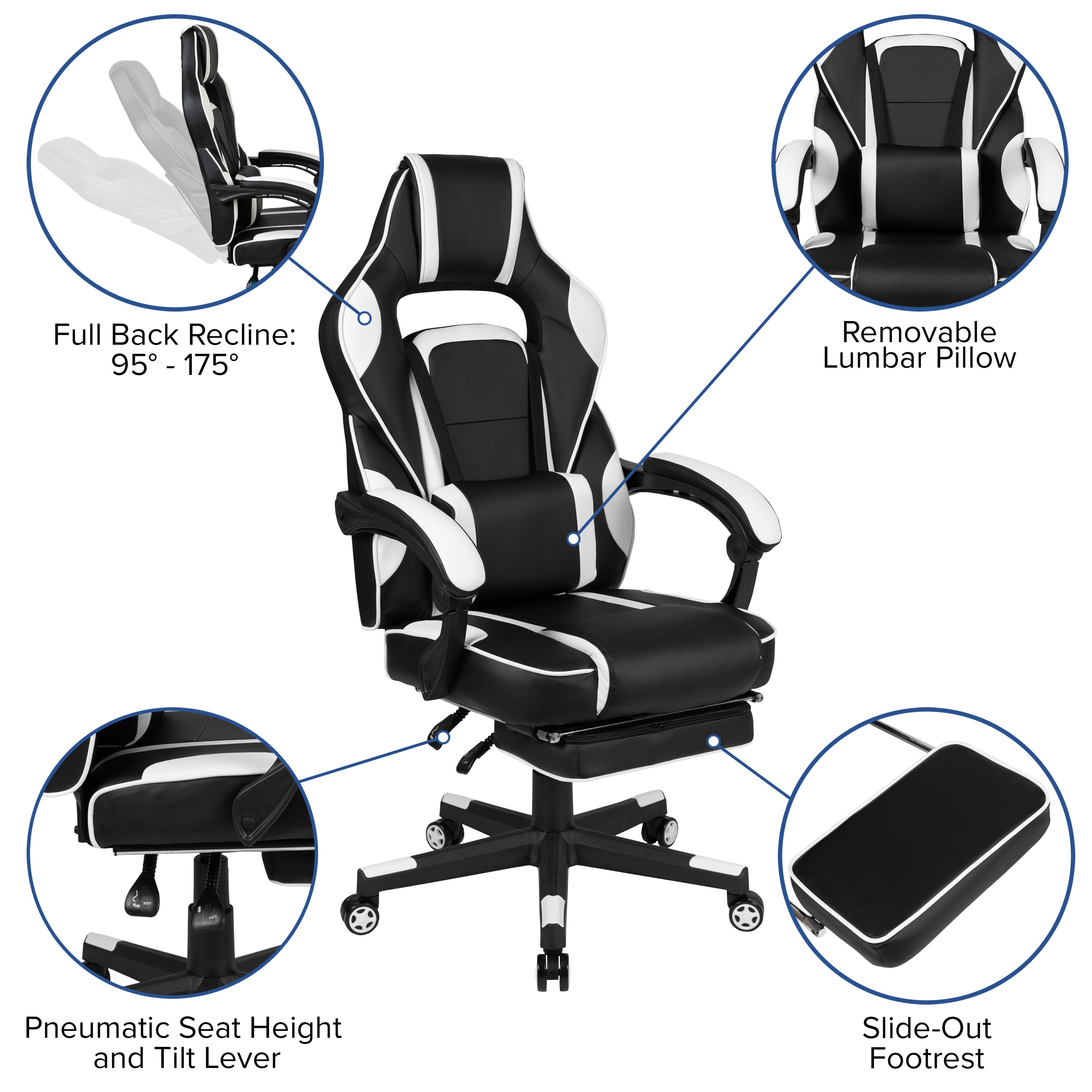 Optis Red Gaming Desk with Cup Holder/Headphone Hook & White Reclining Back/Arms Gaming Chair with Footrest