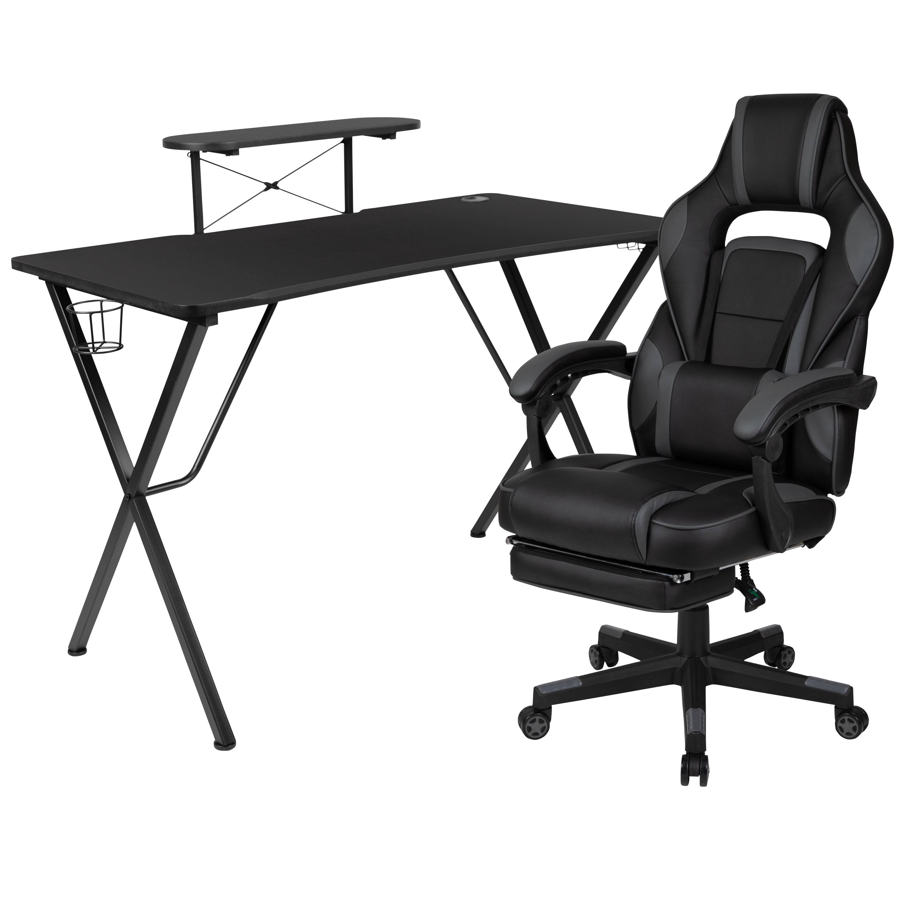 Optis Black Gaming Desk with Cup Holder/Headphone Hook/Monitor Stand & Black Reclining Back/Arms Gaming Chair with Footrest