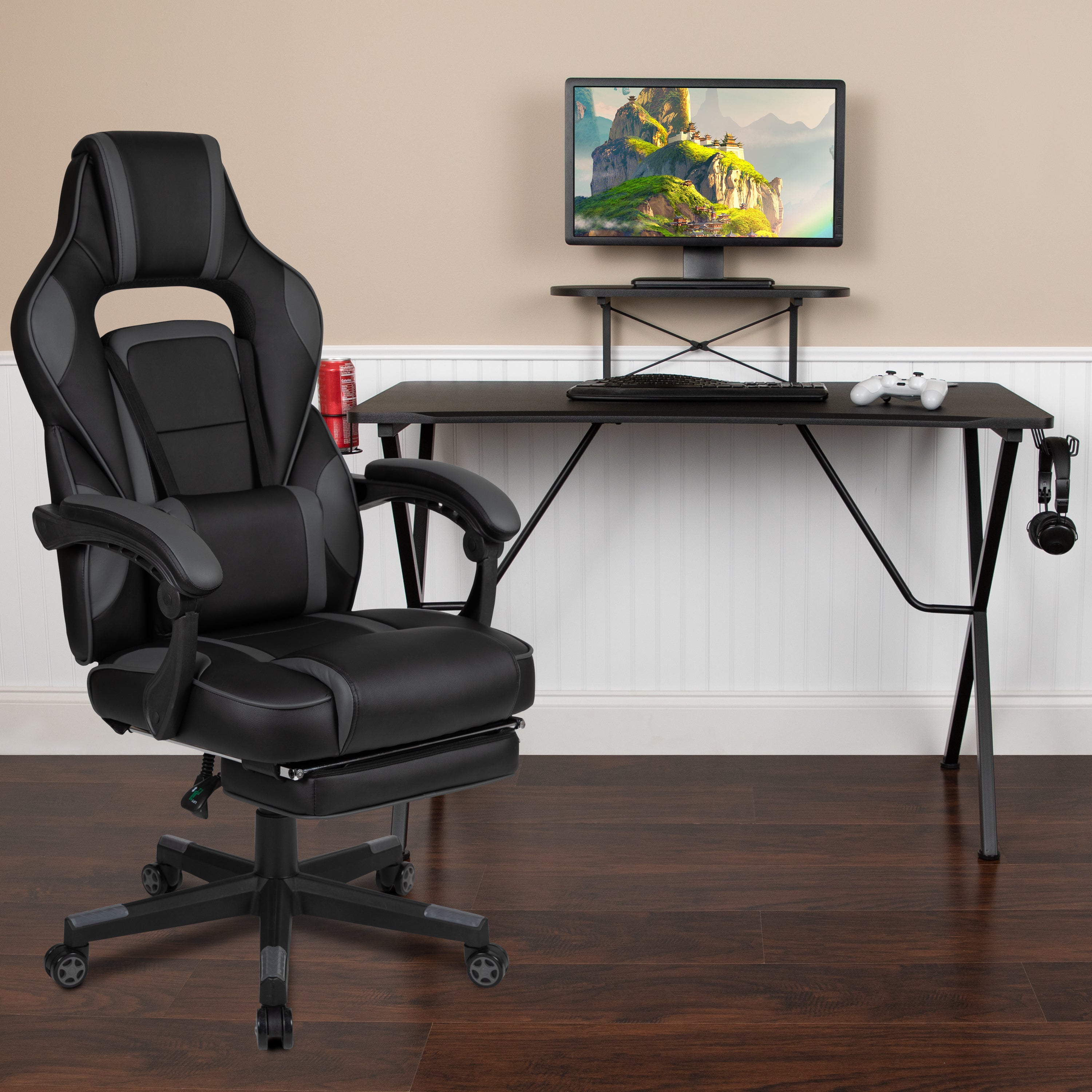 Optis Black Gaming Desk with Cup Holder/Headphone Hook/Monitor Stand & Black Reclining Back/Arms Gaming Chair with Footrest
