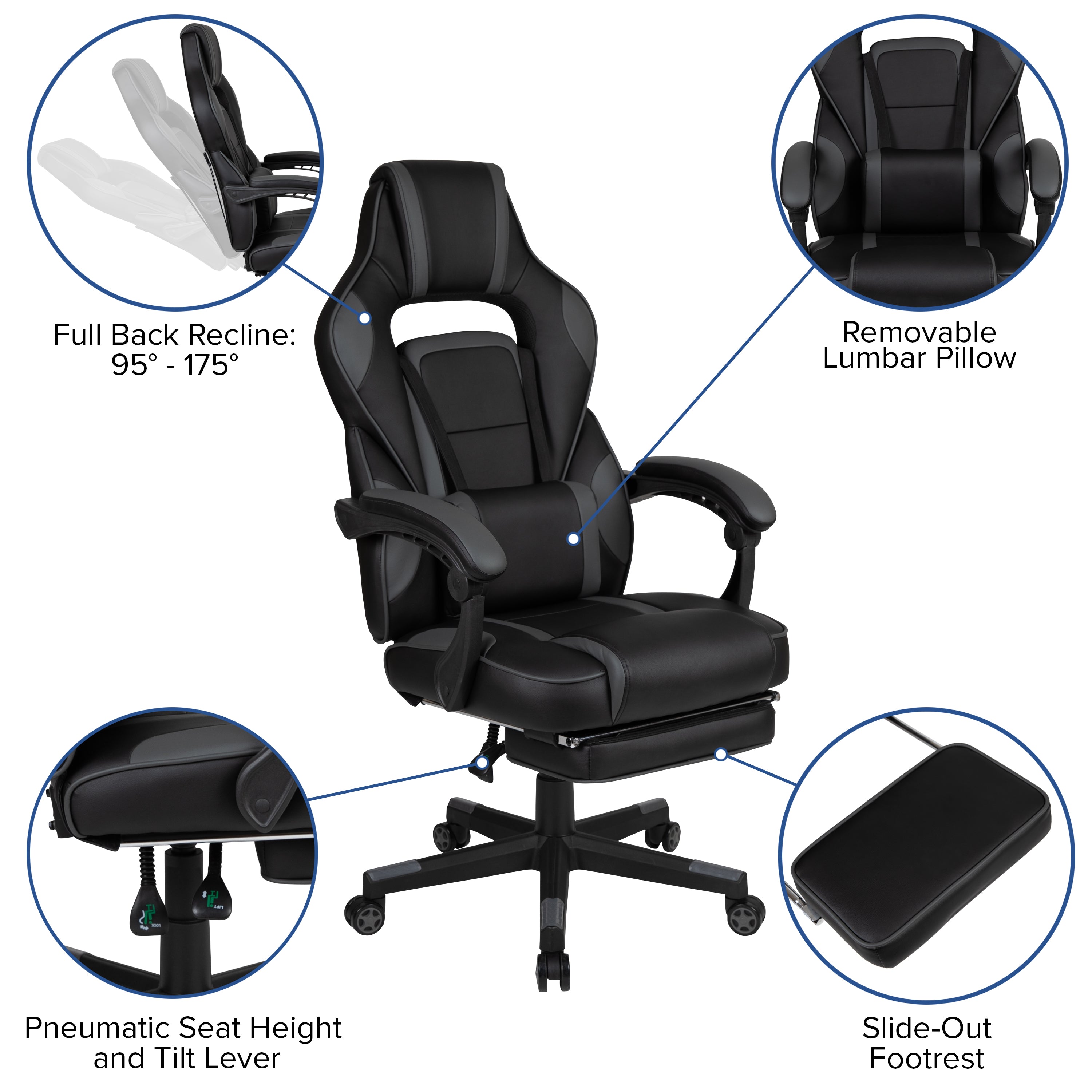 Optis Black Gaming Desk with Cup Holder/Headphone Hook/Monitor Stand & Black Reclining Back/Arms Gaming Chair with Footrest