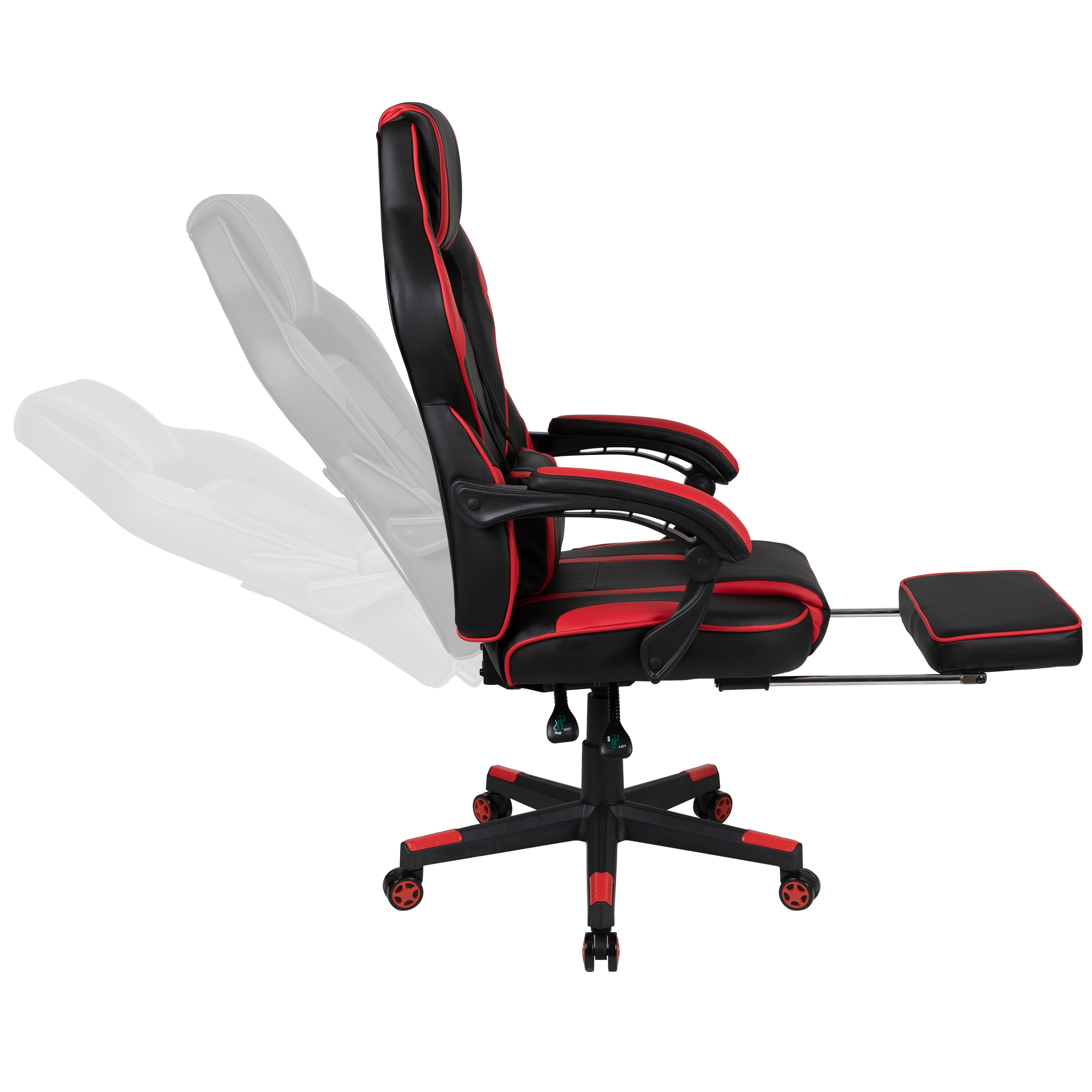 Optis Black Gaming Desk with Cup Holder/Headphone Hook/Monitor Stand & Red Reclining Back/Arms Gaming Chair with Footrest