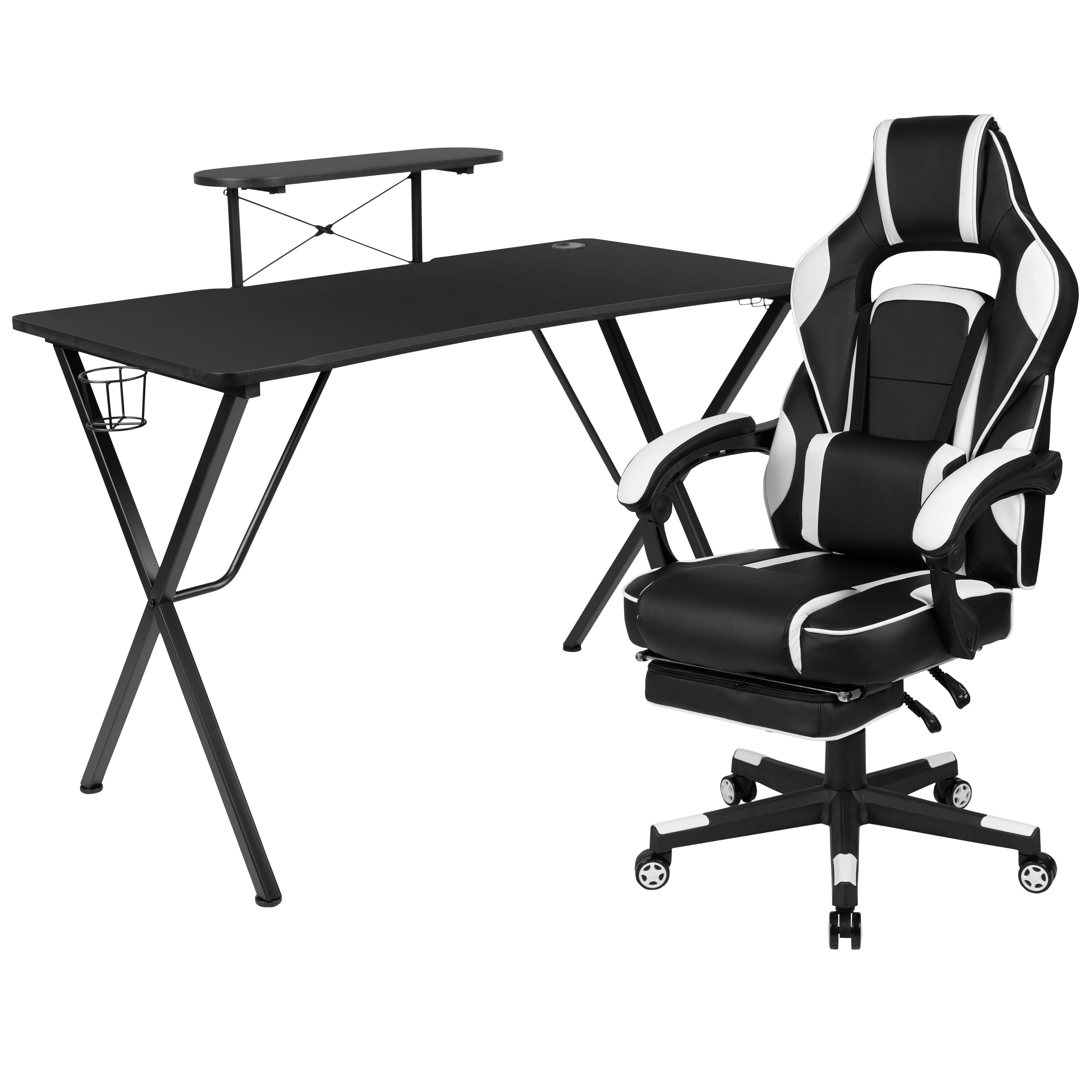 Optis Black Gaming Desk with Cup Holder/Headphone Hook/Monitor Stand & White Reclining Back/Arms Gaming Chair with Footrest