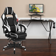 Optis Black Gaming Desk with Cup Holder/Headphone Hook/Monitor Stand & White Reclining Back/Arms Gaming Chair with Footrest