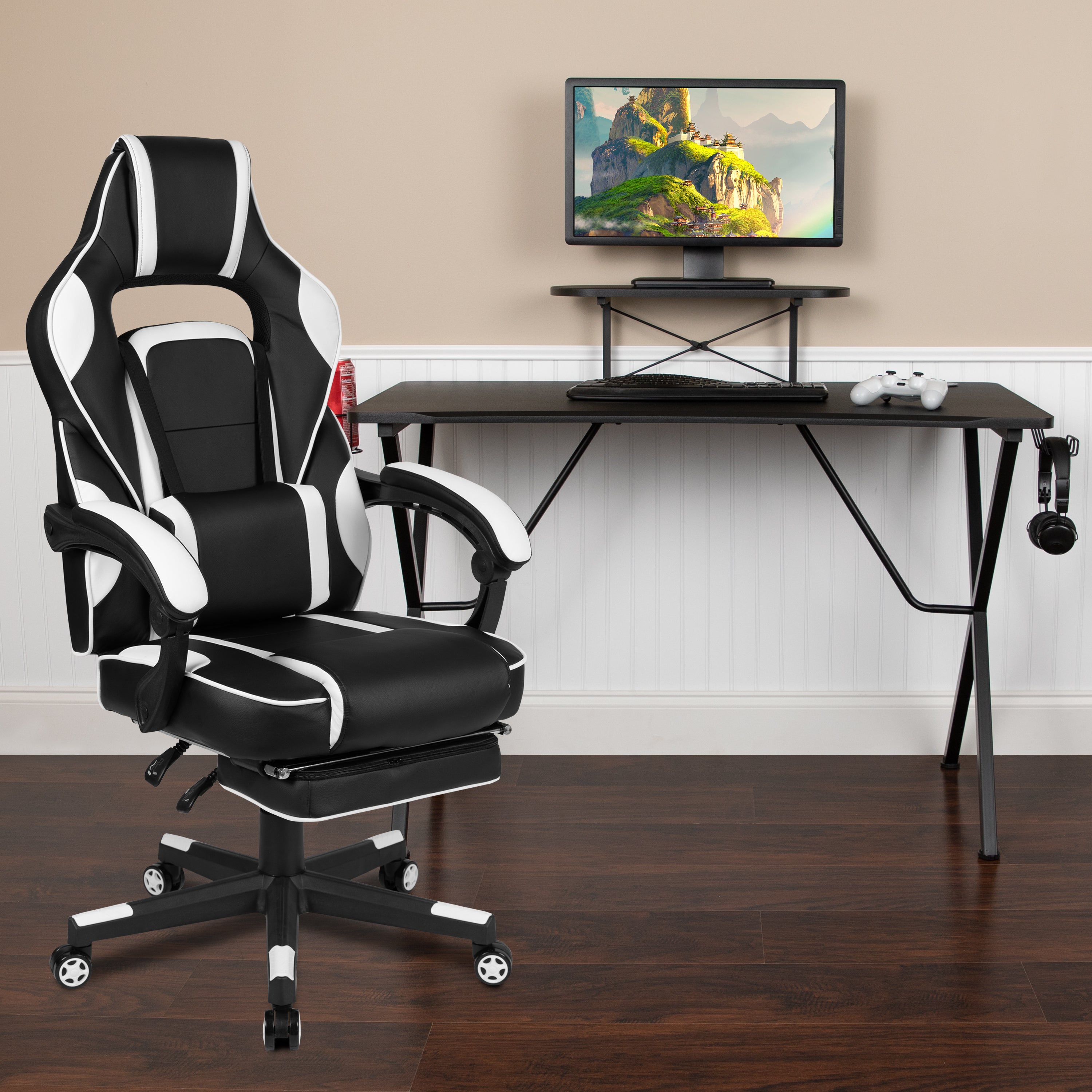 Optis Black Gaming Desk with Cup Holder/Headphone Hook/Monitor Stand & White Reclining Back/Arms Gaming Chair with Footrest