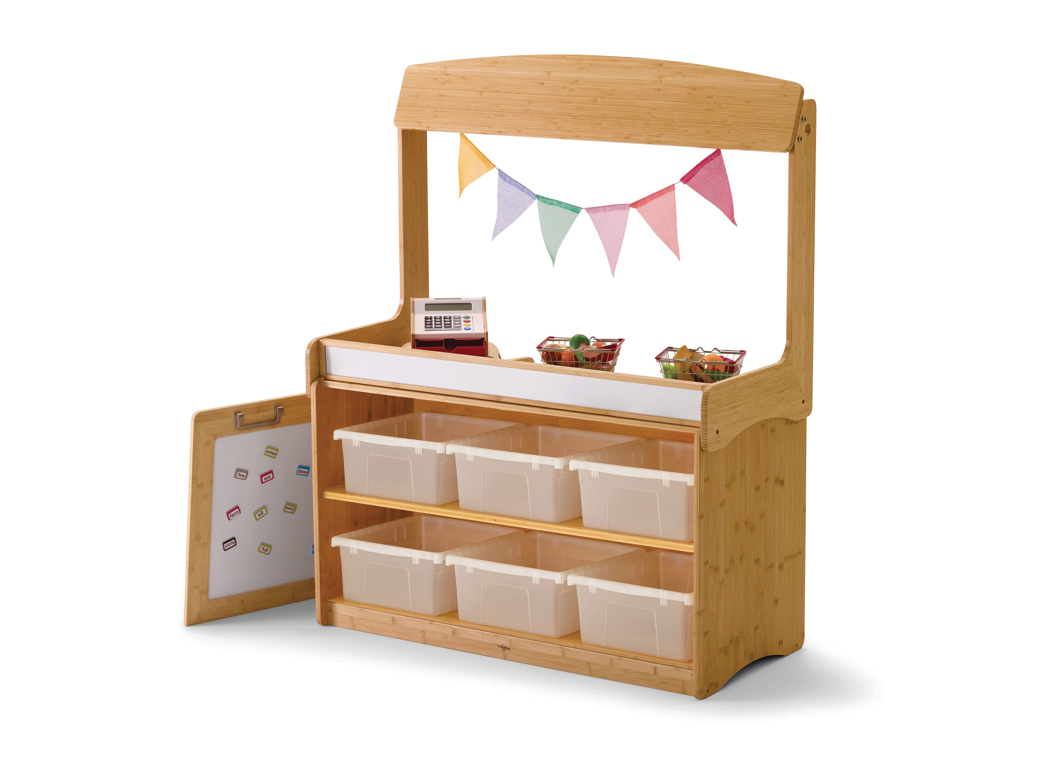 Make-Believe Stand with Hide-away Panel and 6 Clear Open Tubs