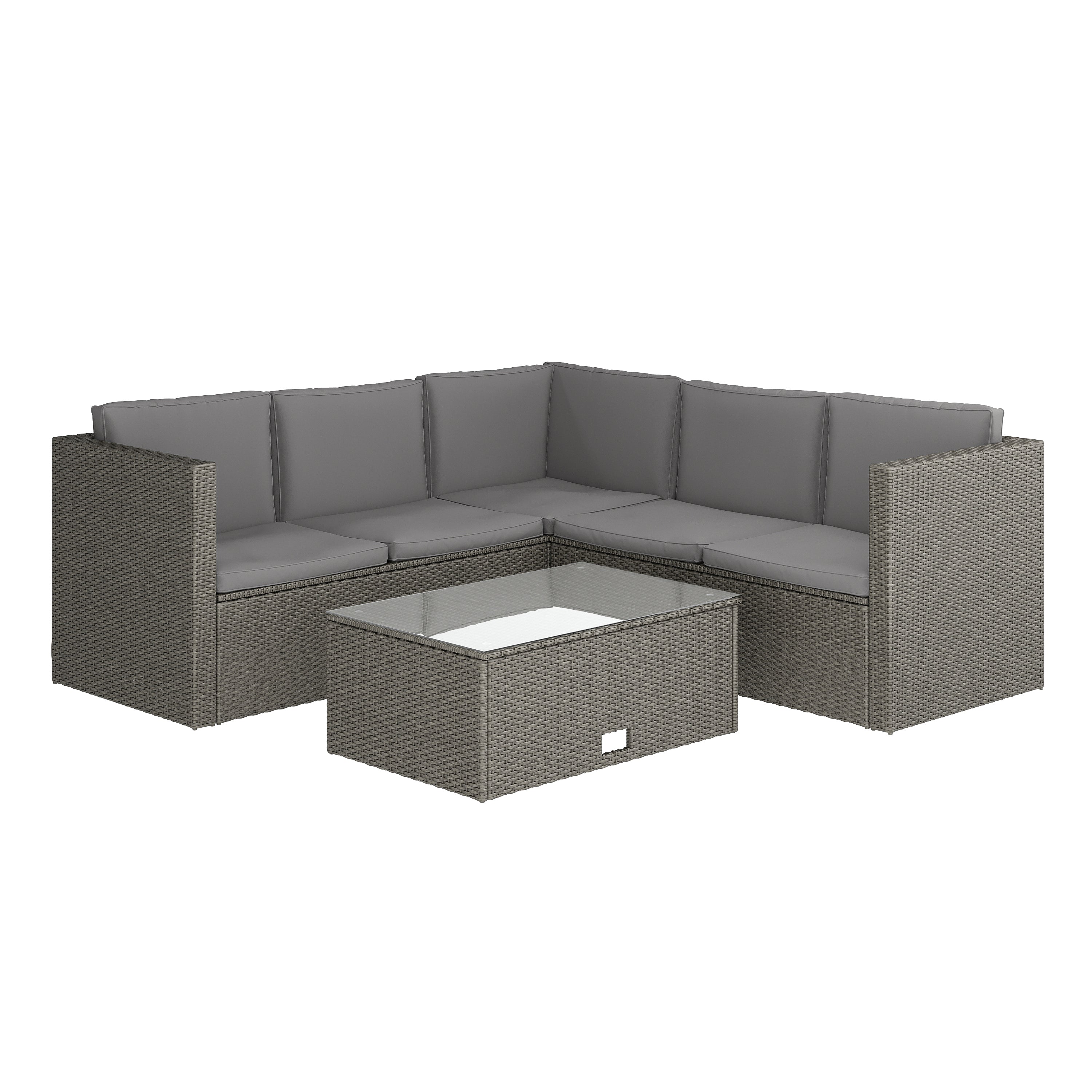 Roan Indoor/Outdoor L-Shaped Sectional with Coffee Table in Gray Wicker PE Rattan with Gray Cushions
