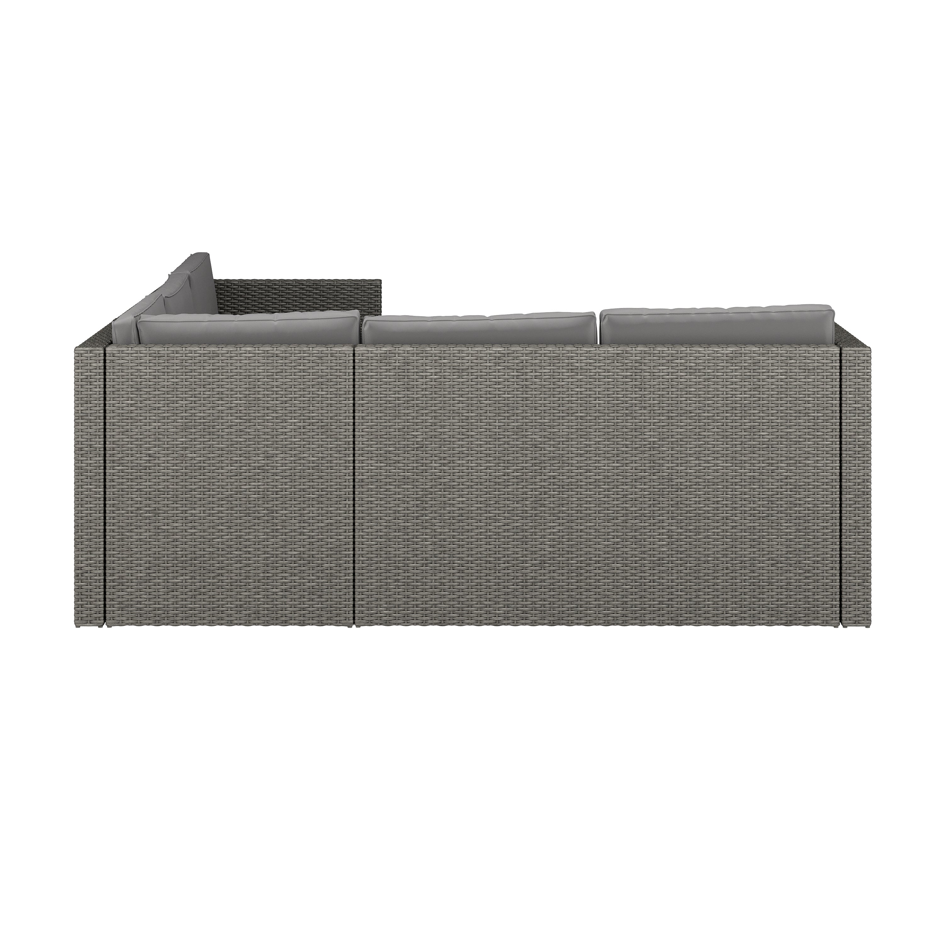 Roan Indoor/Outdoor L-Shaped Sectional with Coffee Table in Gray Wicker PE Rattan with Gray Cushions