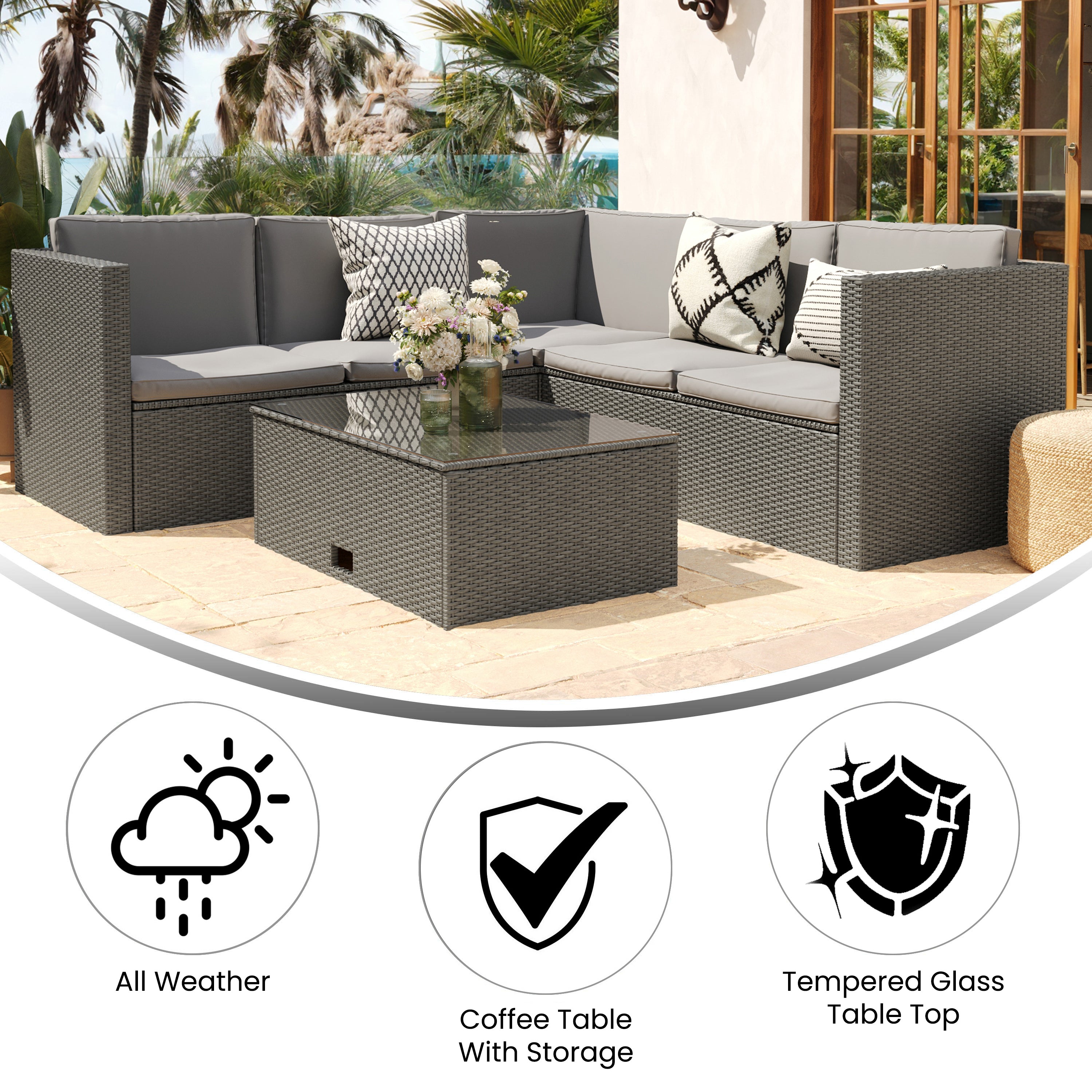 Roan Indoor/Outdoor L-Shaped Sectional with Coffee Table in Gray Wicker PE Rattan with Gray Cushions