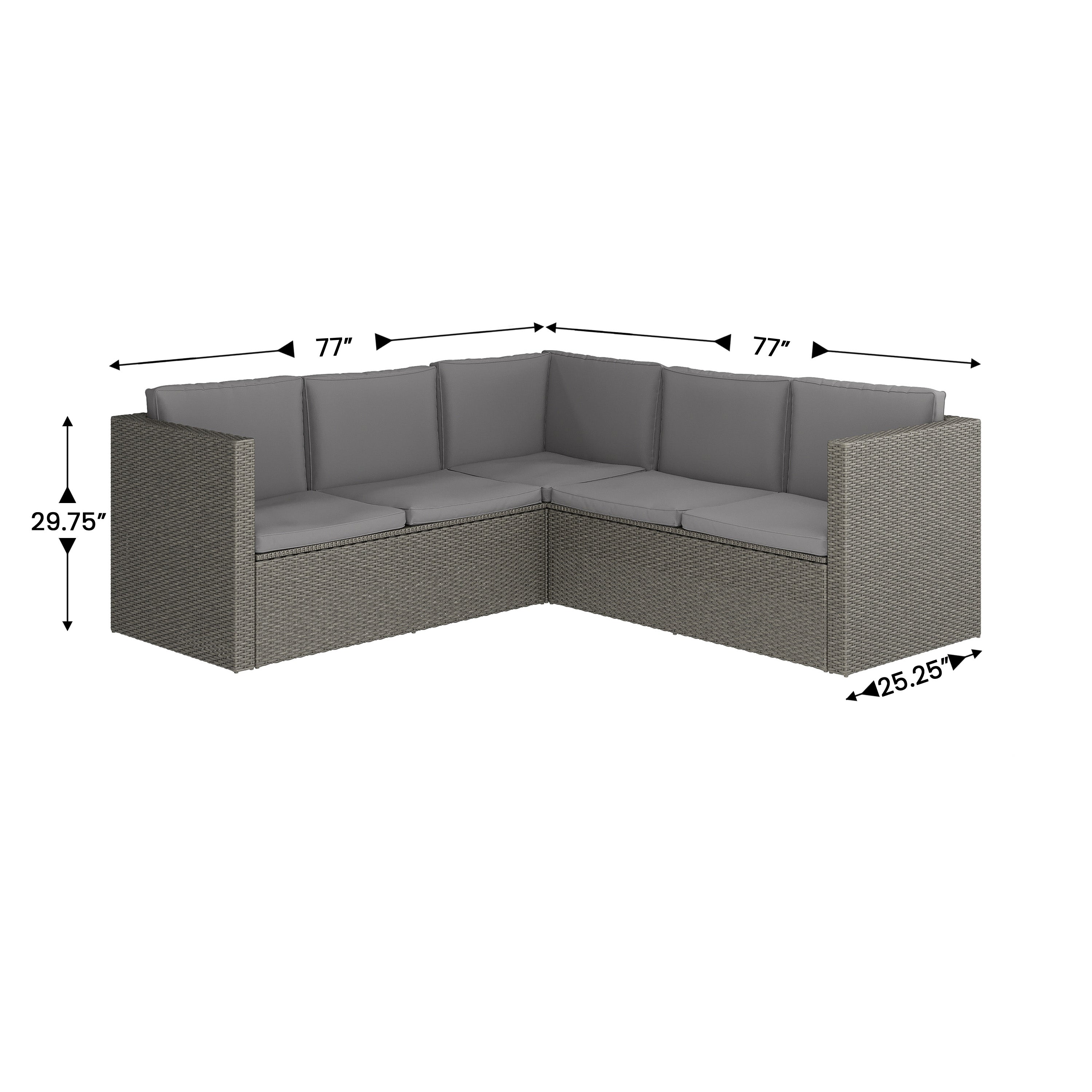 Roan Indoor/Outdoor L-Shaped Sectional with Coffee Table in Gray Wicker PE Rattan with Gray Cushions