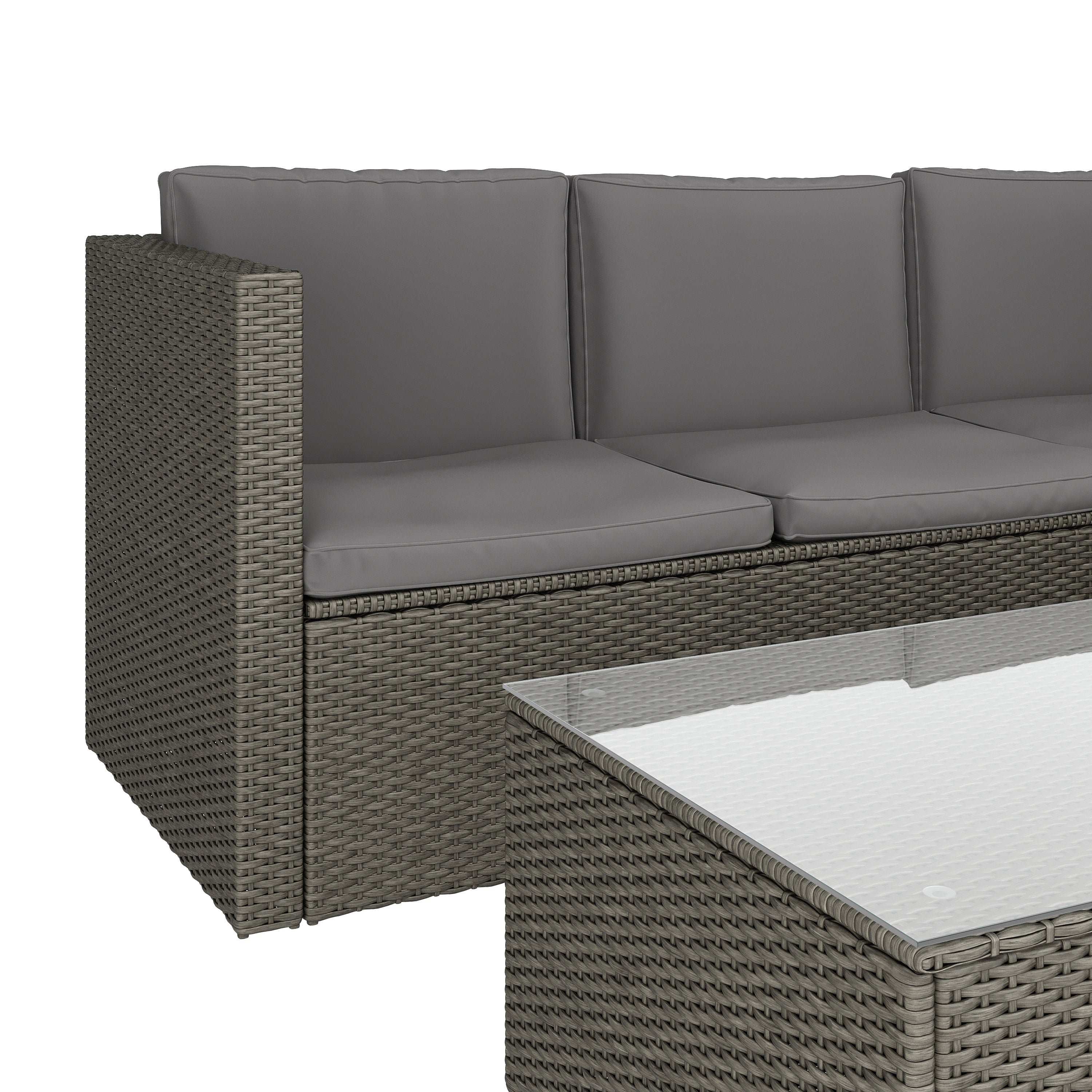 Roan Indoor/Outdoor L-Shaped Sectional with Coffee Table in Gray Wicker PE Rattan with Gray Cushions