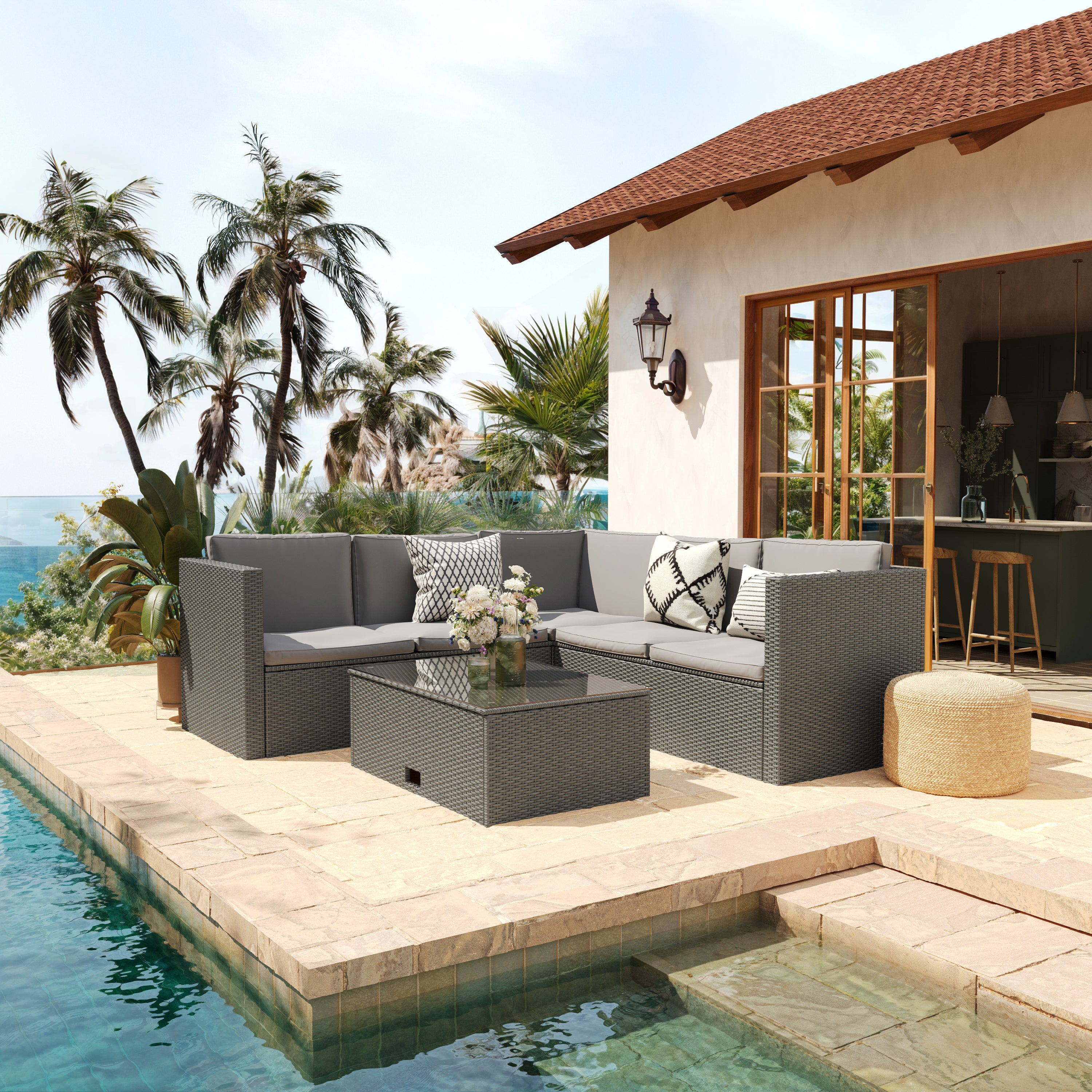 Roan Indoor/Outdoor L-Shaped Sectional with Coffee Table in Gray Wicker PE Rattan with Gray Cushions