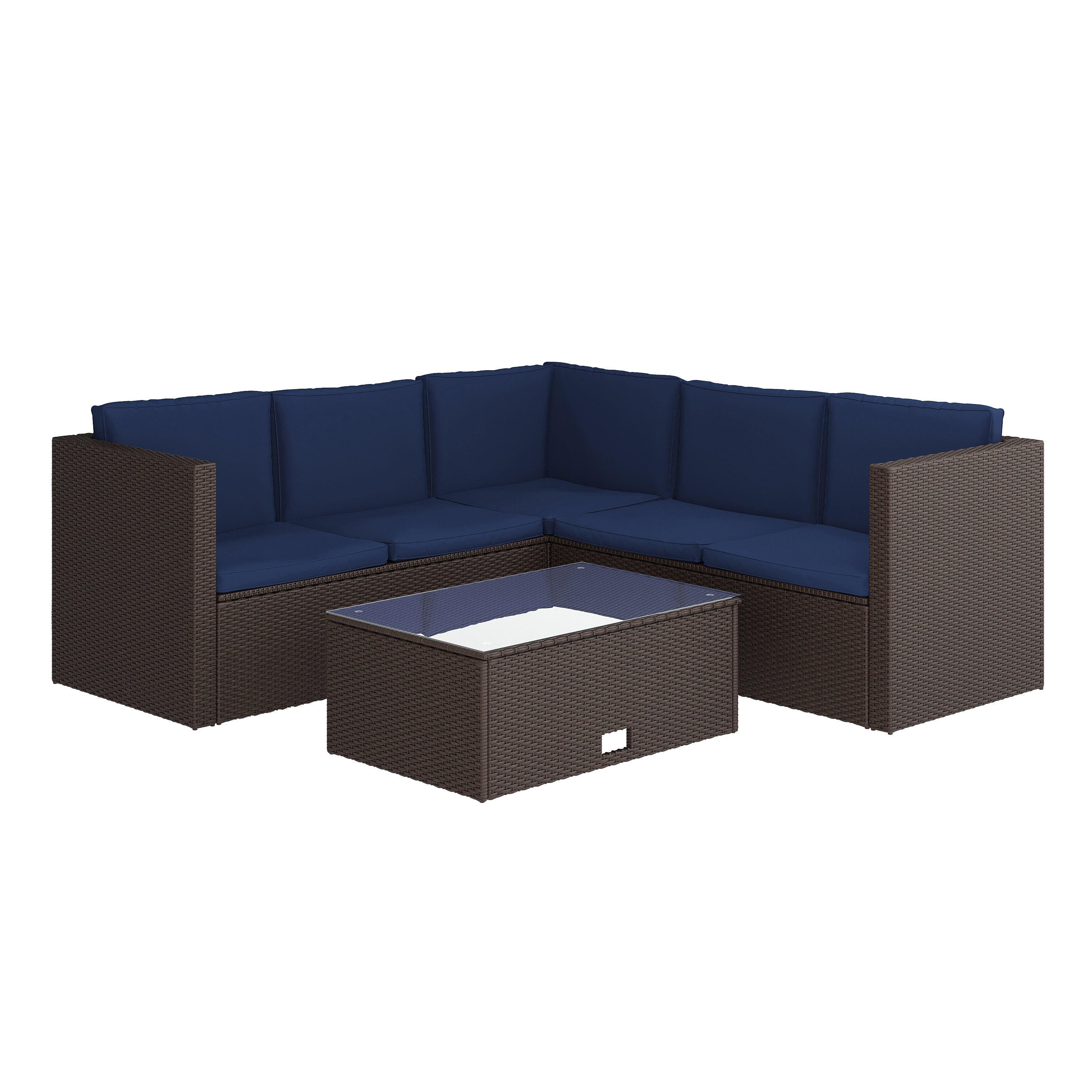Roan Indoor/Outdoor L-Shaped Sectional with Coffee Table in Brown Wicker PE Rattan with Navy Cushions