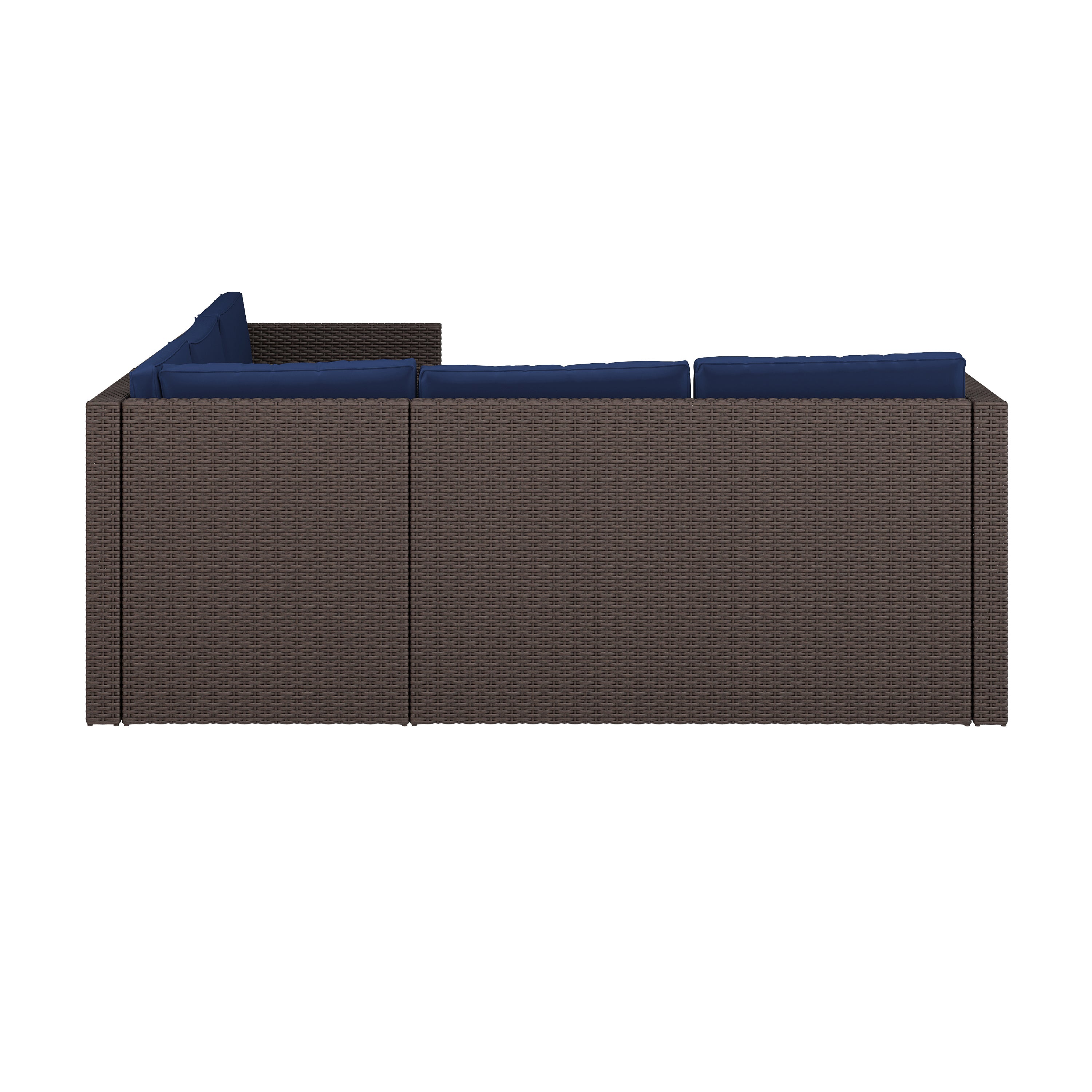 Roan Indoor/Outdoor L-Shaped Sectional with Coffee Table in Brown Wicker PE Rattan with Navy Cushions