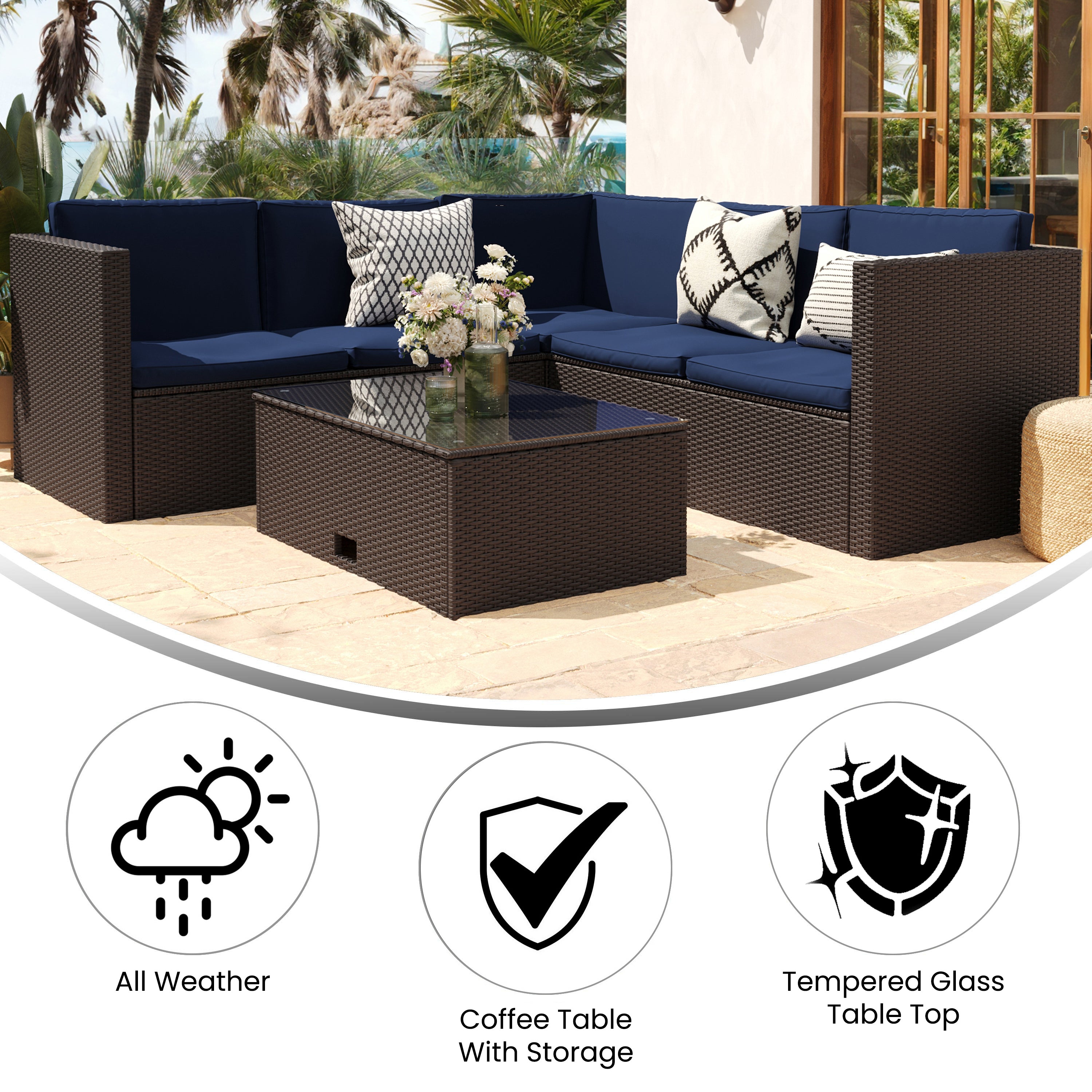 Roan Indoor/Outdoor L-Shaped Sectional with Coffee Table in Brown Wicker PE Rattan with Navy Cushions