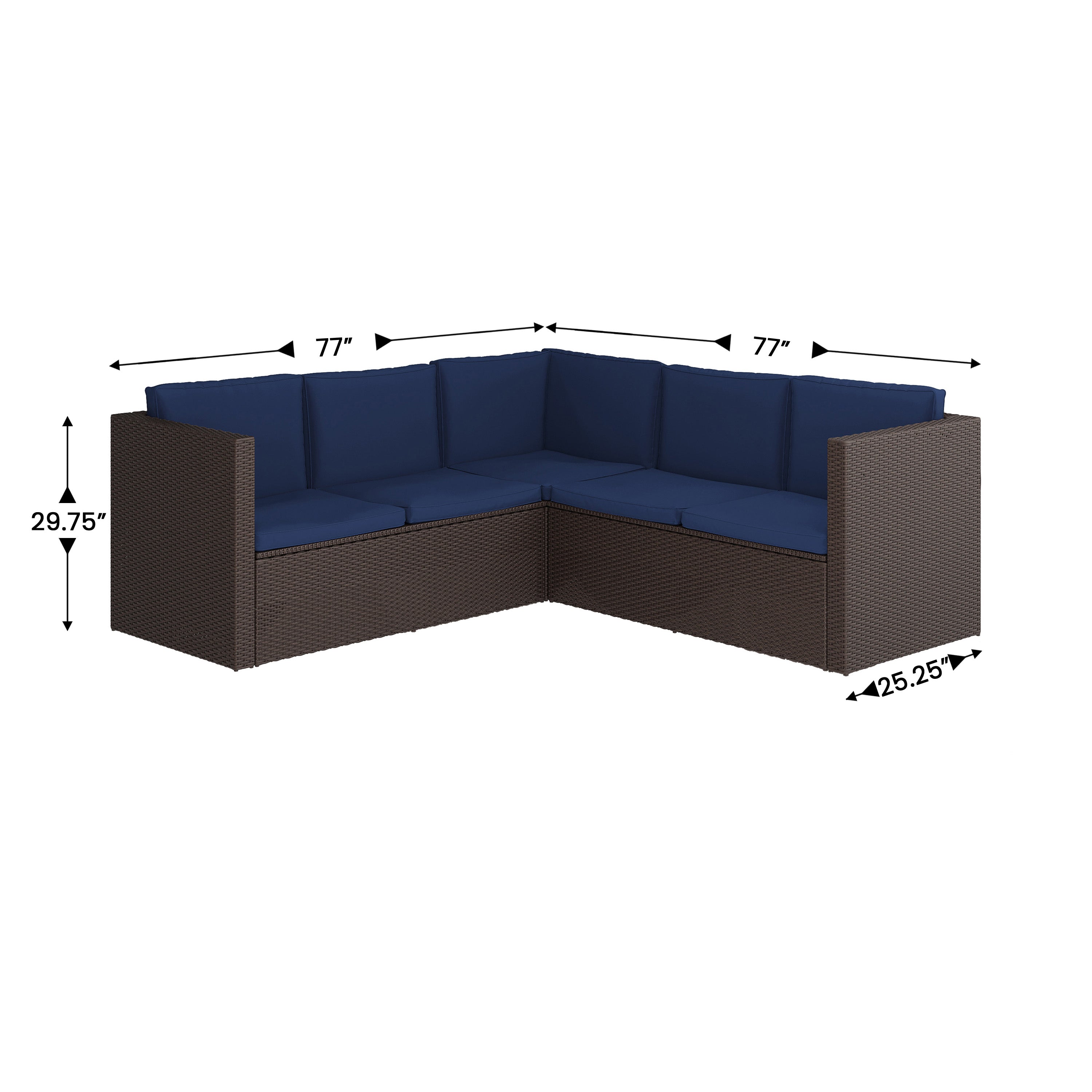 Roan Indoor/Outdoor L-Shaped Sectional with Coffee Table in Brown Wicker PE Rattan with Navy Cushions