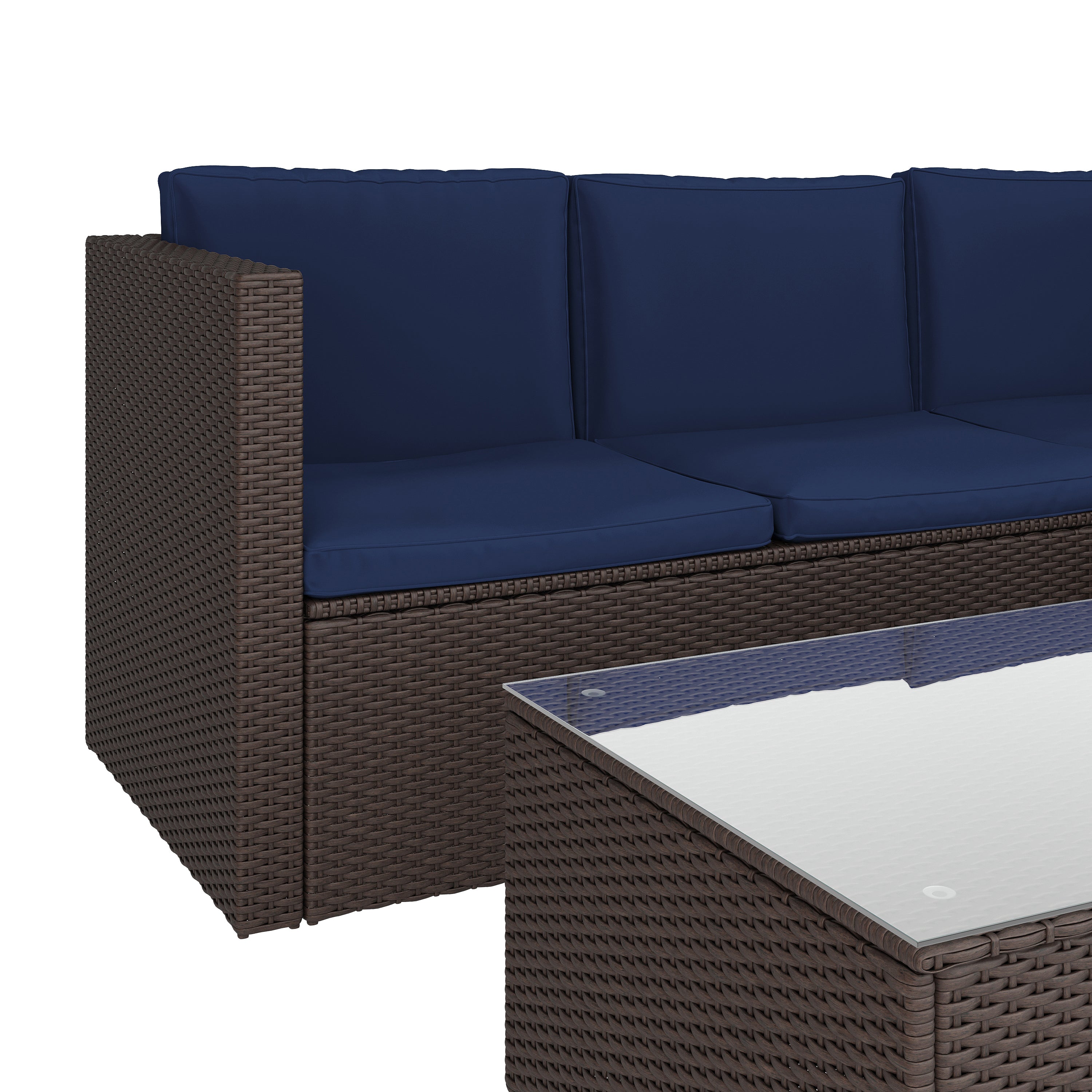 Roan Indoor/Outdoor L-Shaped Sectional with Coffee Table in Brown Wicker PE Rattan with Navy Cushions