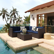 Roan Indoor/Outdoor L-Shaped Sectional with Coffee Table in Brown Wicker PE Rattan with Navy Cushions