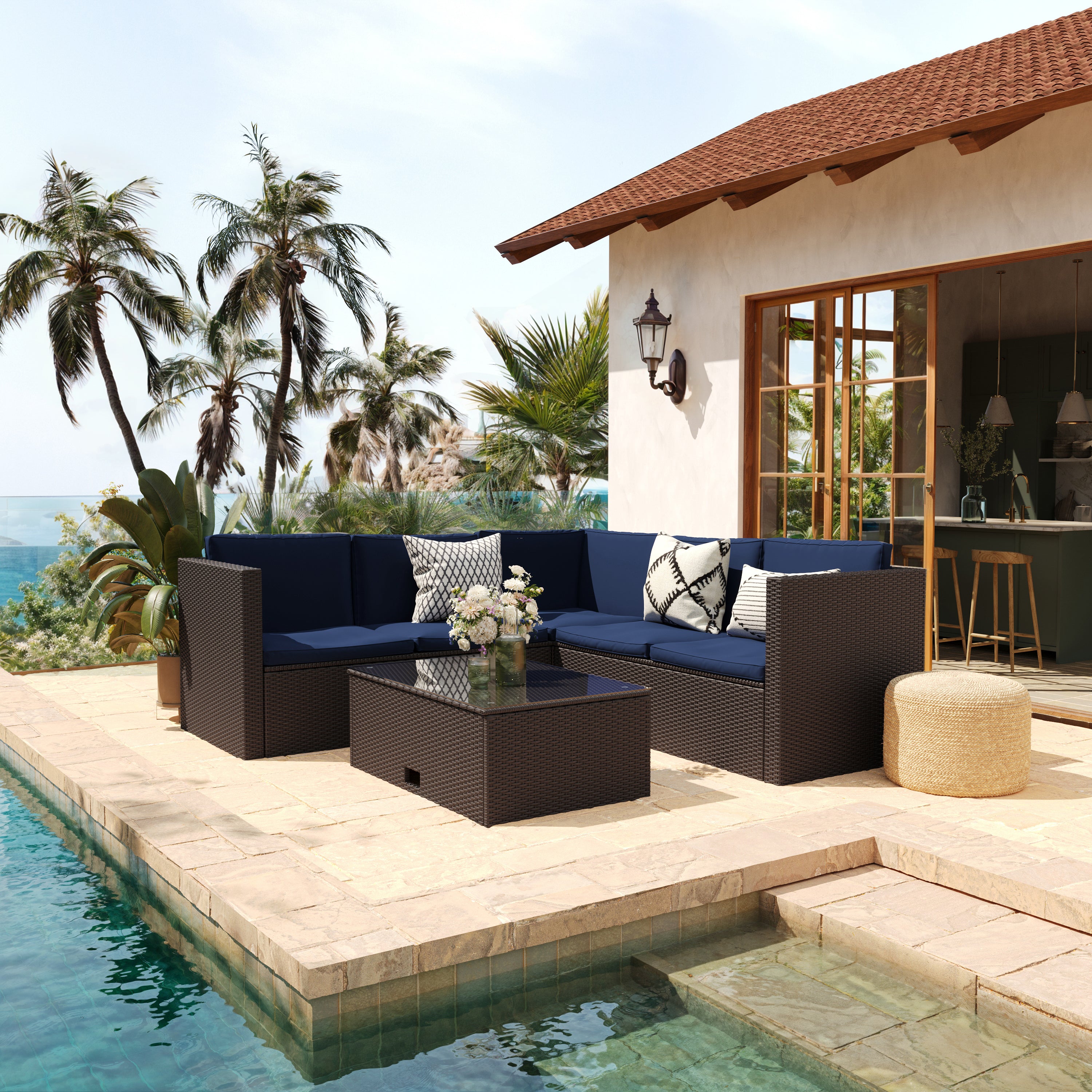 Roan Indoor/Outdoor L-Shaped Sectional with Coffee Table in Brown Wicker PE Rattan with Navy Cushions
