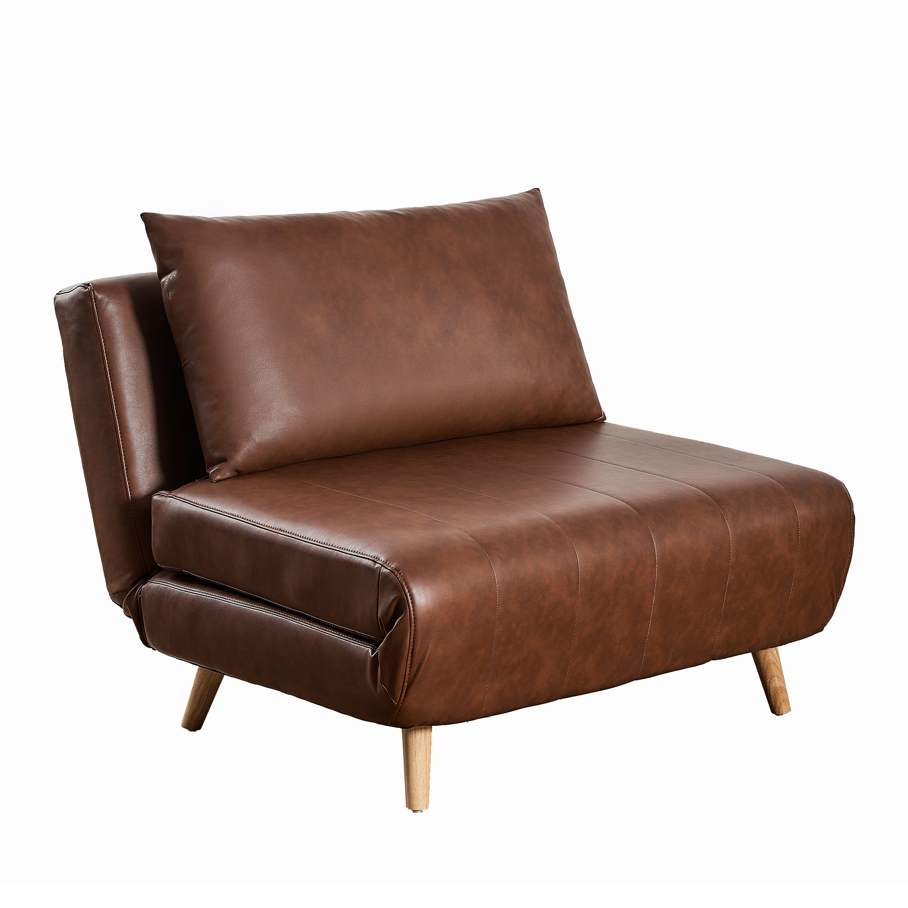 Shaw Convertible Tri-Fold Sleeper Chair with Pillow - Multifunctional Adjustable Sleeper - Channel Stitching - Hideaway Legs - Brown LeatherSoft