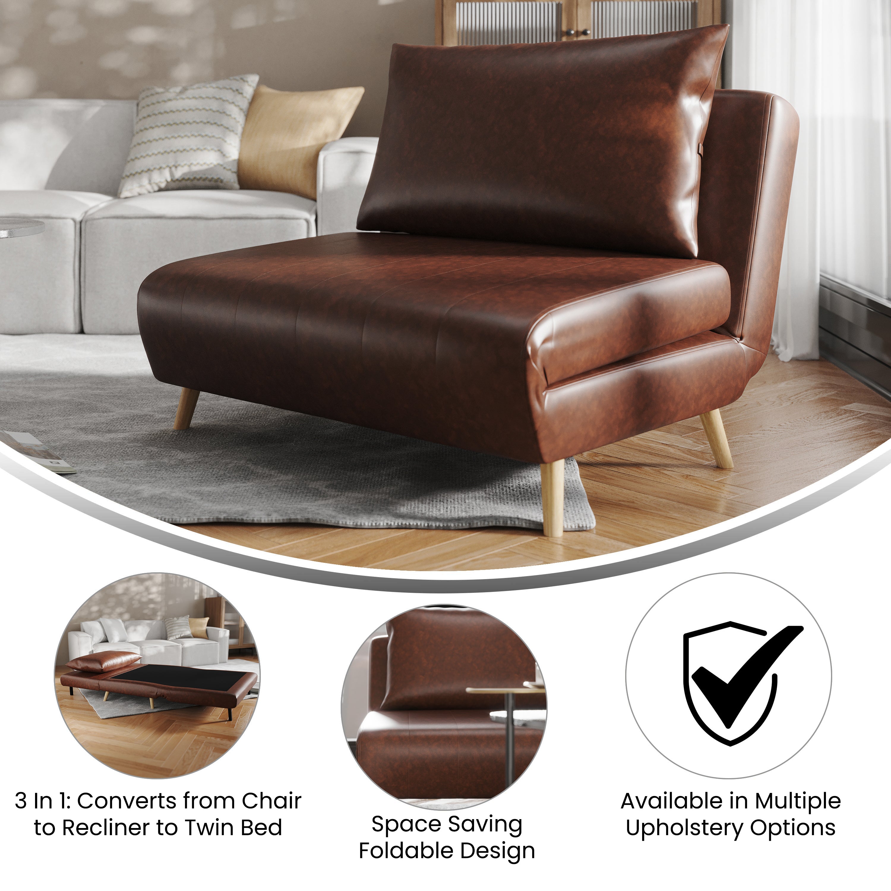 Shaw Convertible Tri-Fold Sleeper Chair with Pillow - Multifunctional Adjustable Sleeper - Channel Stitching - Hideaway Legs - Brown LeatherSoft