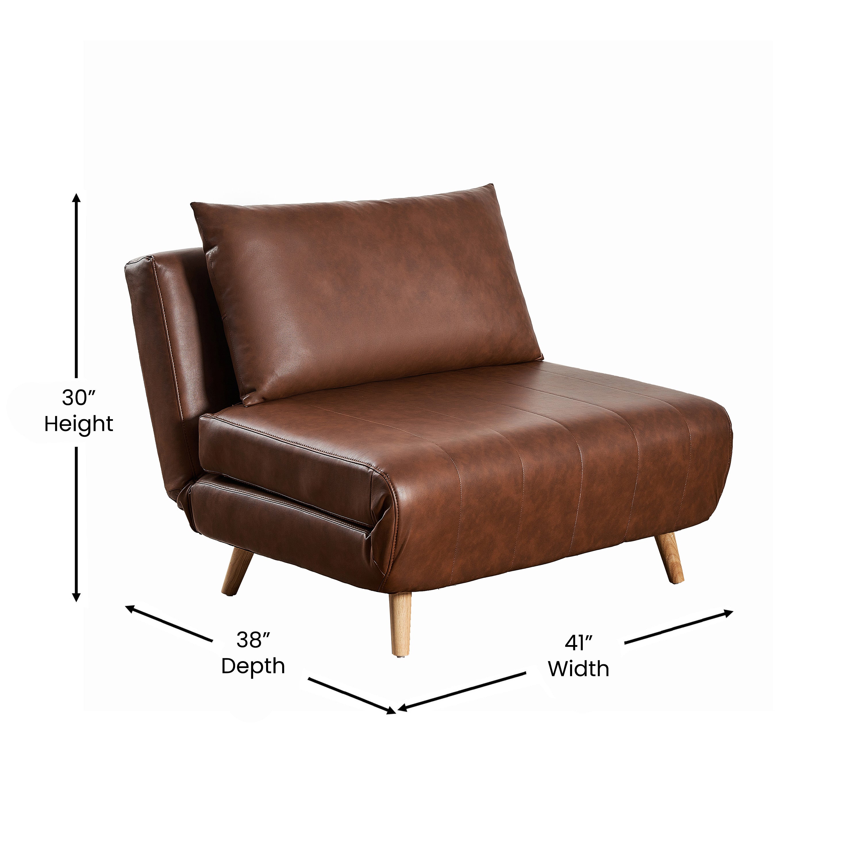 Shaw Convertible Tri-Fold Sleeper Chair with Pillow - Multifunctional Adjustable Sleeper - Channel Stitching - Hideaway Legs - Brown LeatherSoft